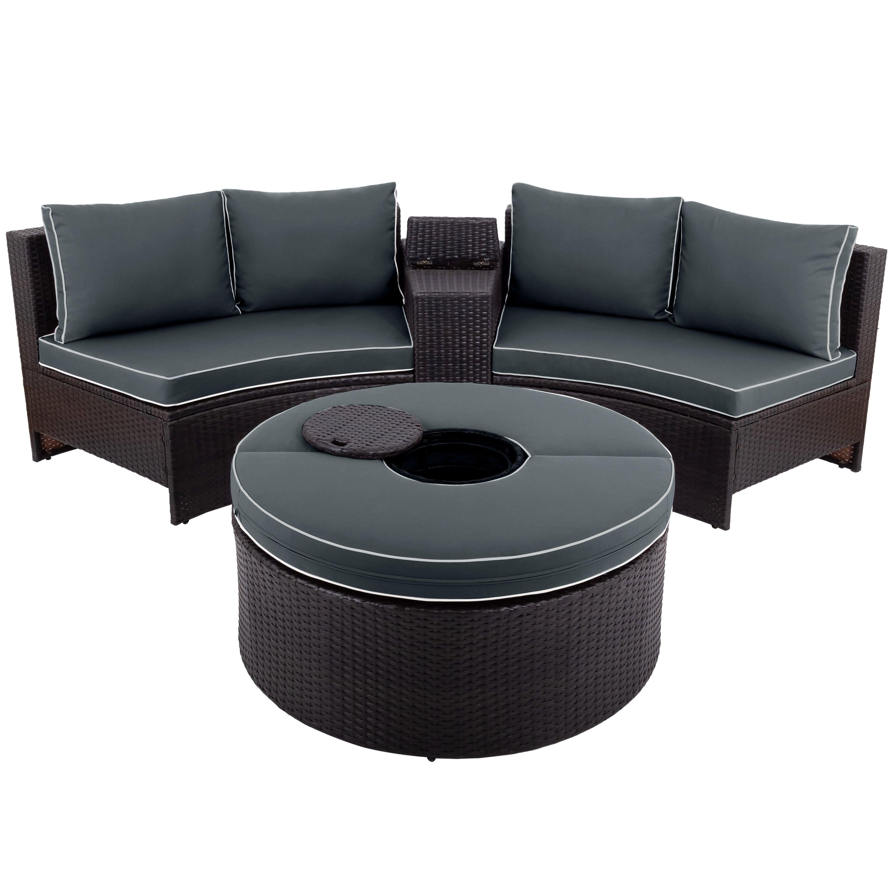 4 PCS Outdoor Patio Half-Moon Sectional Furniture Wicker Sofa Set with Two Pillows, Coffee Table, and Gray Cushions