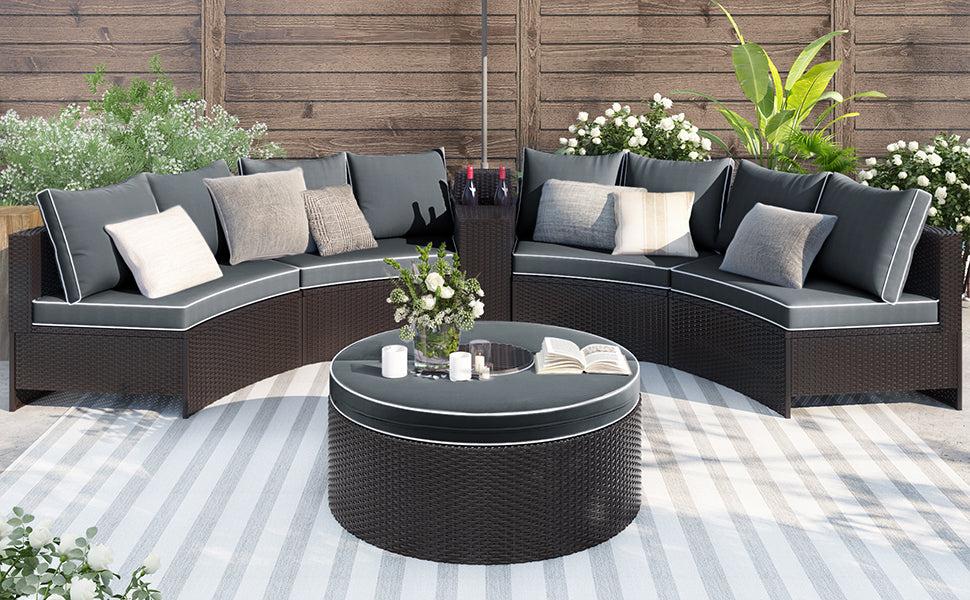 4 PCS Outdoor Patio Half-Moon Sectional Furniture Wicker Sofa Set with Two Pillows, Coffee Table, and Gray Cushions