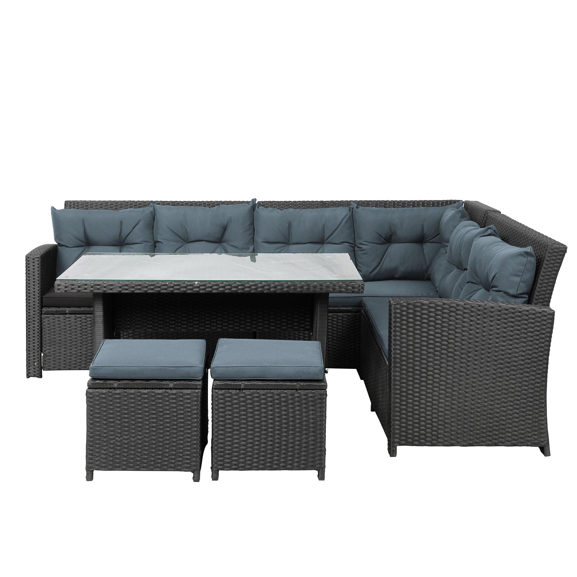 6 PCS Patio Furniture Set Outdoor Sectional Sofa with Glass Table, Ottomans - Black