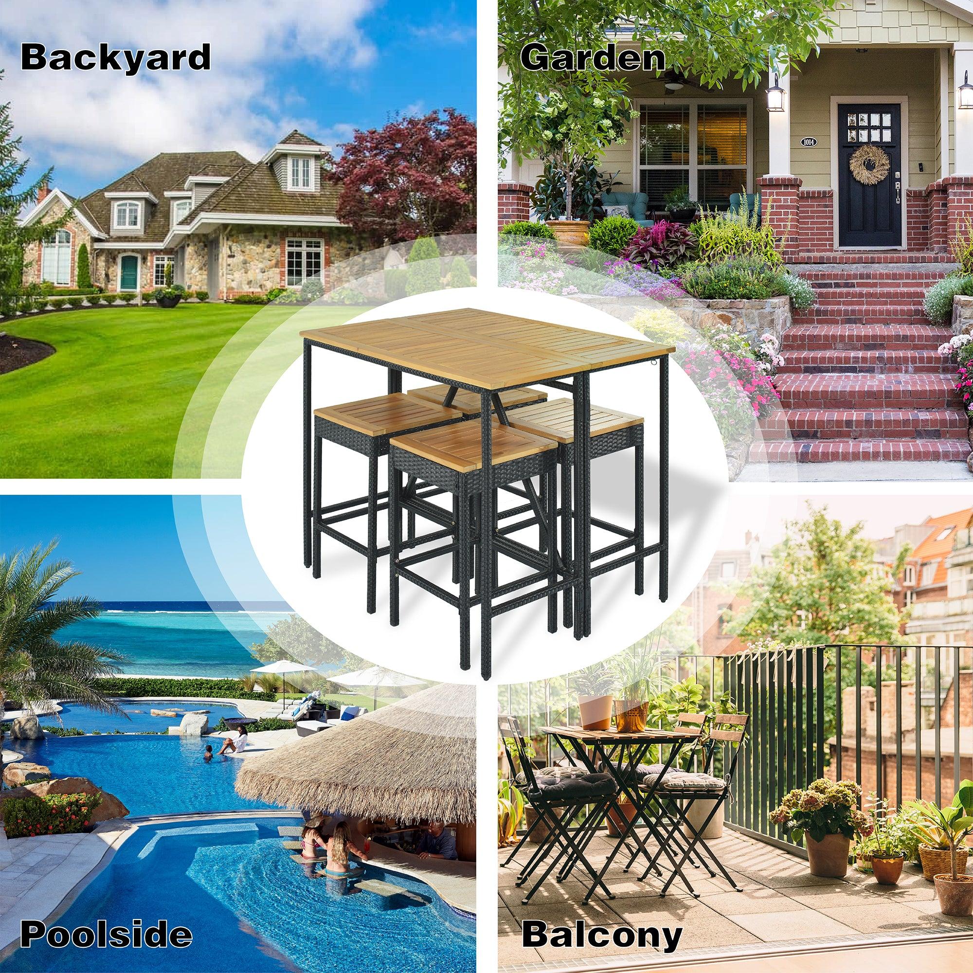 10 PCS Outdoor Patio Wicker Bar Set, Garden PE Rattan Wicker Dining Table, Square Stool Set, Foldable Tabletop, Acacia Wood Tabletop, High-Dining Bistro Set with 8 Stools And 2 Wood Table, Brown