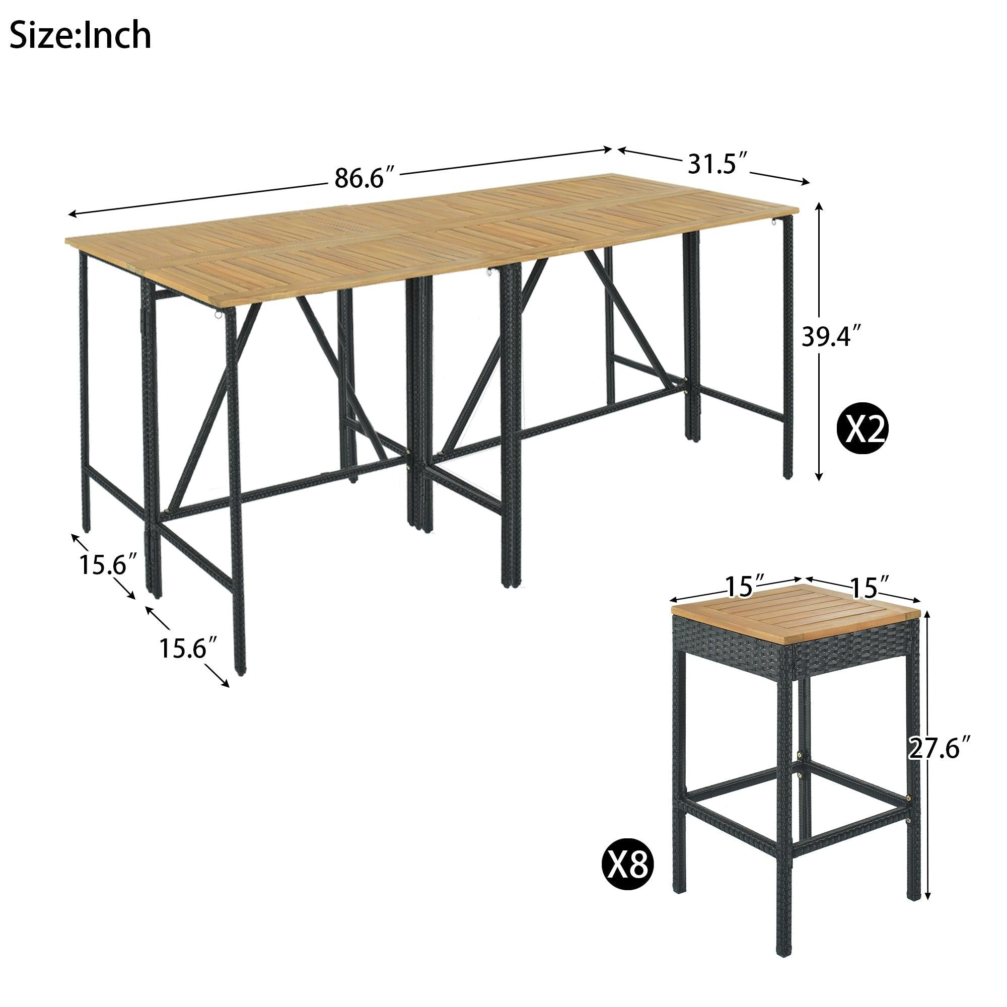 10 PCS Outdoor Patio Wicker Bar Set, Garden PE Rattan Wicker Dining Table, Square Stool Set, Foldable Tabletop, Acacia Wood Tabletop, High-Dining Bistro Set with 8 Stools And 2 Wood Table, Brown