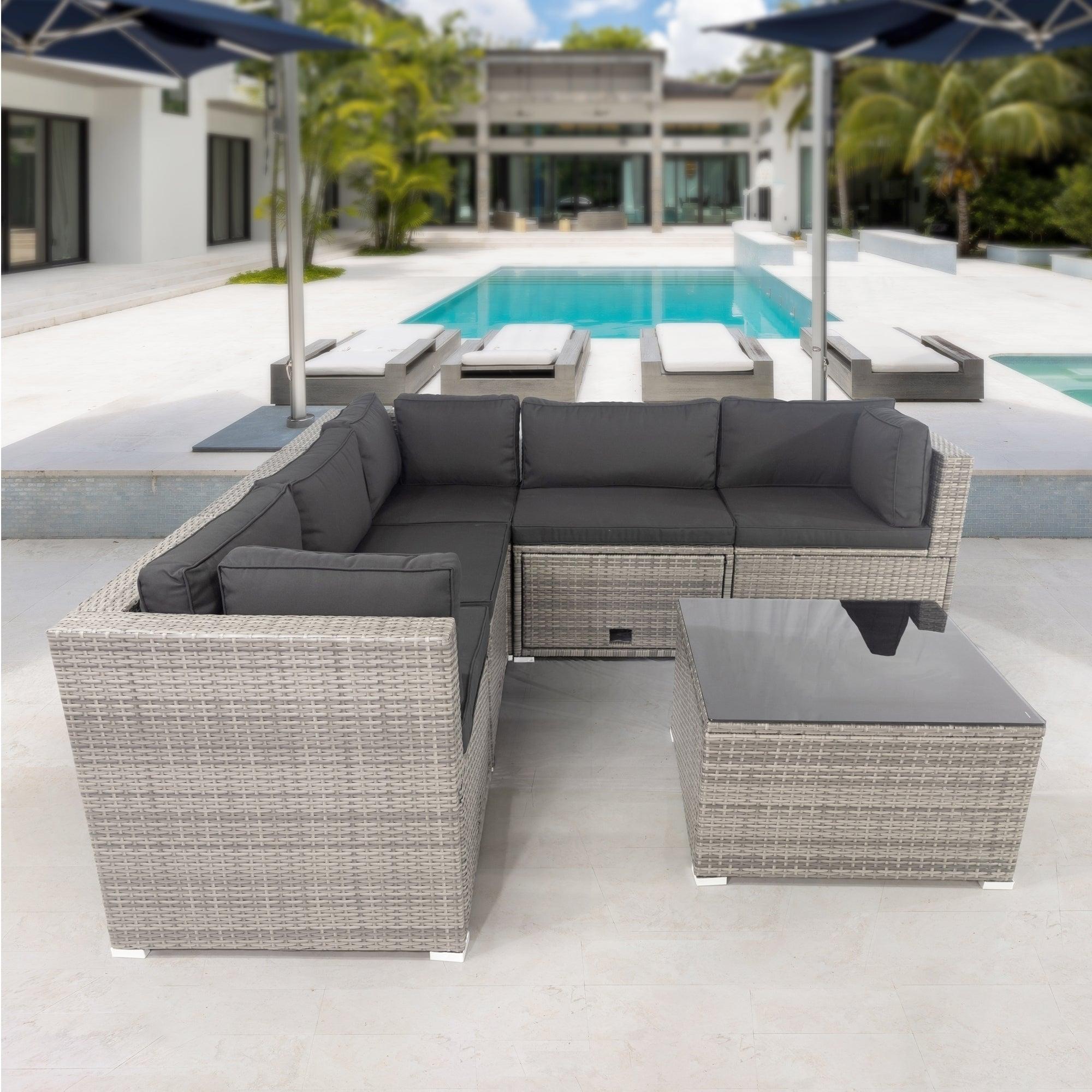 6 PCS PE Rattan sectional Outdoor Furniture Cushioned  Sofa Set with 3Storage Under Seat Grey