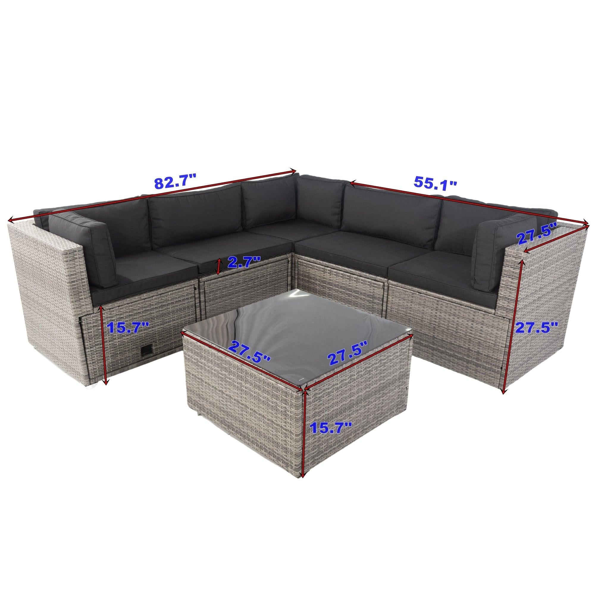 6 PCS PE Rattan sectional Outdoor Furniture Cushioned  Sofa Set with 3Storage Under Seat Grey