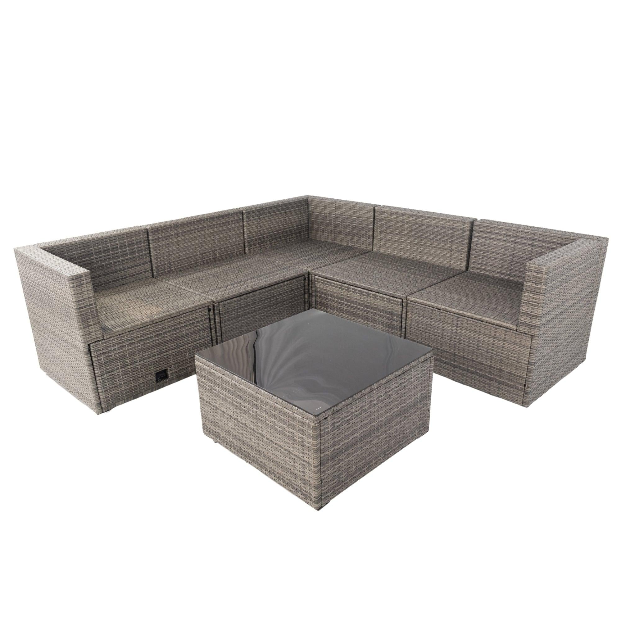 6 PCS PE Rattan sectional Outdoor Furniture Cushioned  Sofa Set with 3Storage Under Seat Grey