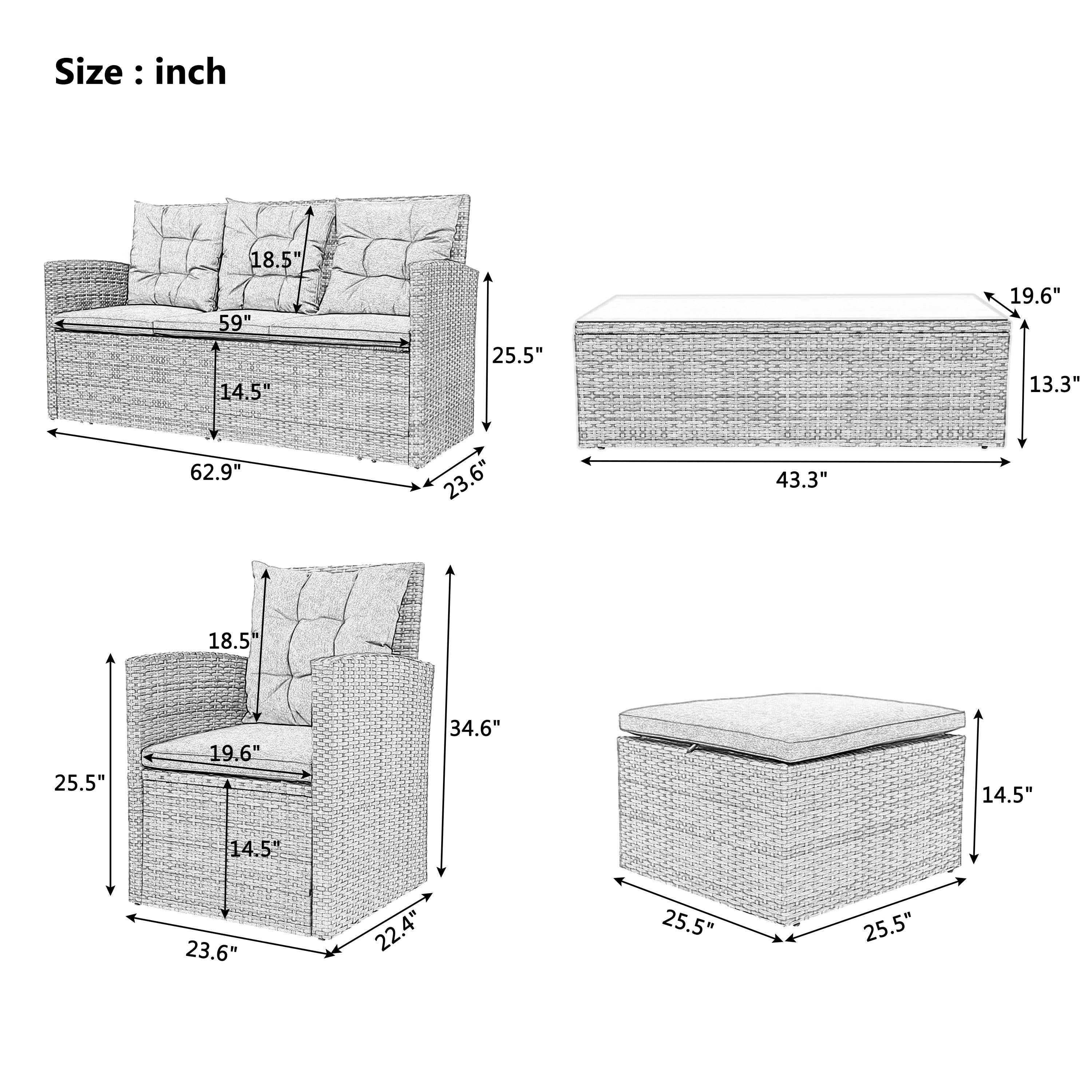 5 PCS Outdoor UV-Resistant Patio Sofa Set withStorage Bench All Weather PE Wicker Furniture Coversation Set with Glass Table - Gray