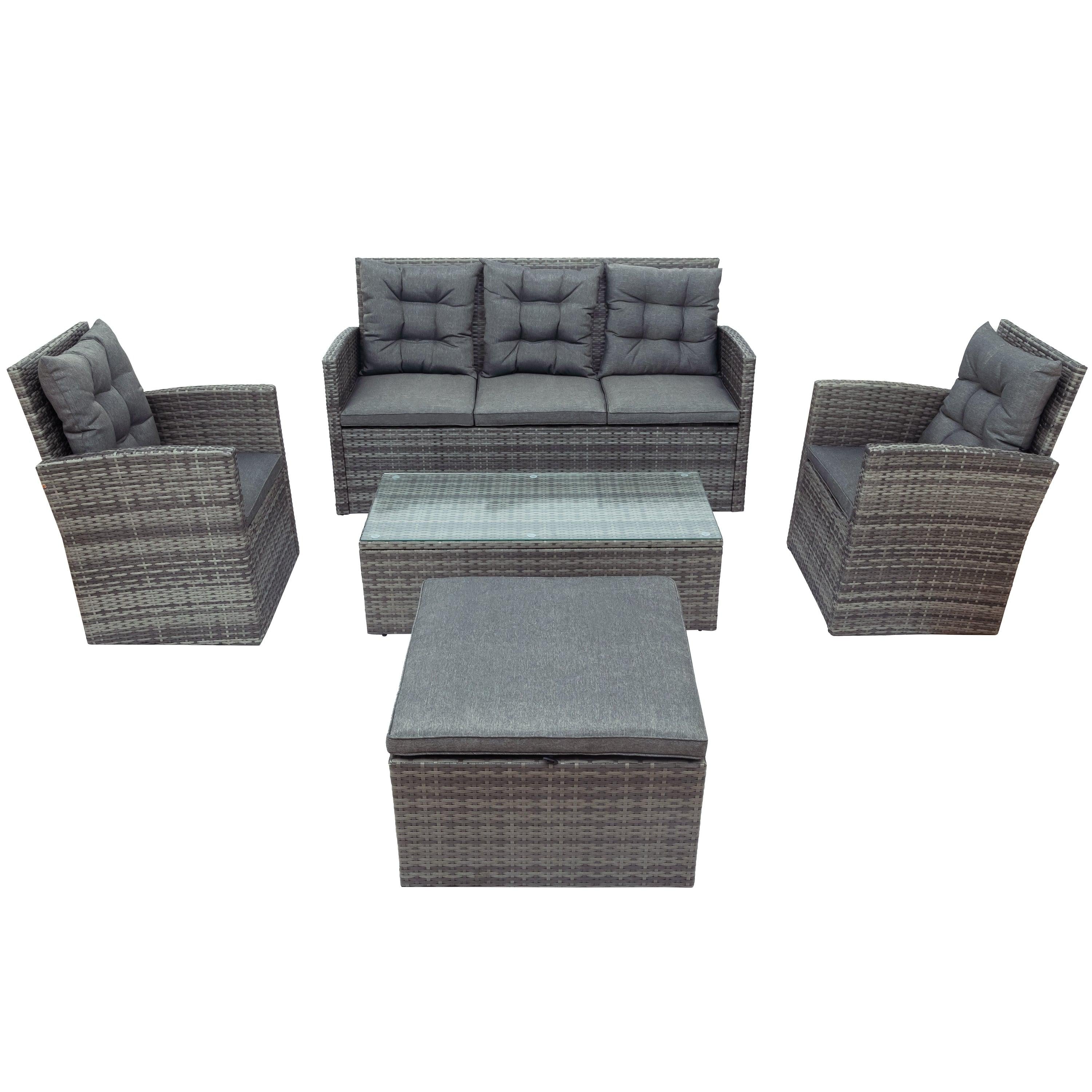 5 PCS Outdoor UV-Resistant Patio Sofa Set withStorage Bench All Weather PE Wicker Furniture Coversation Set with Glass Table - Gray