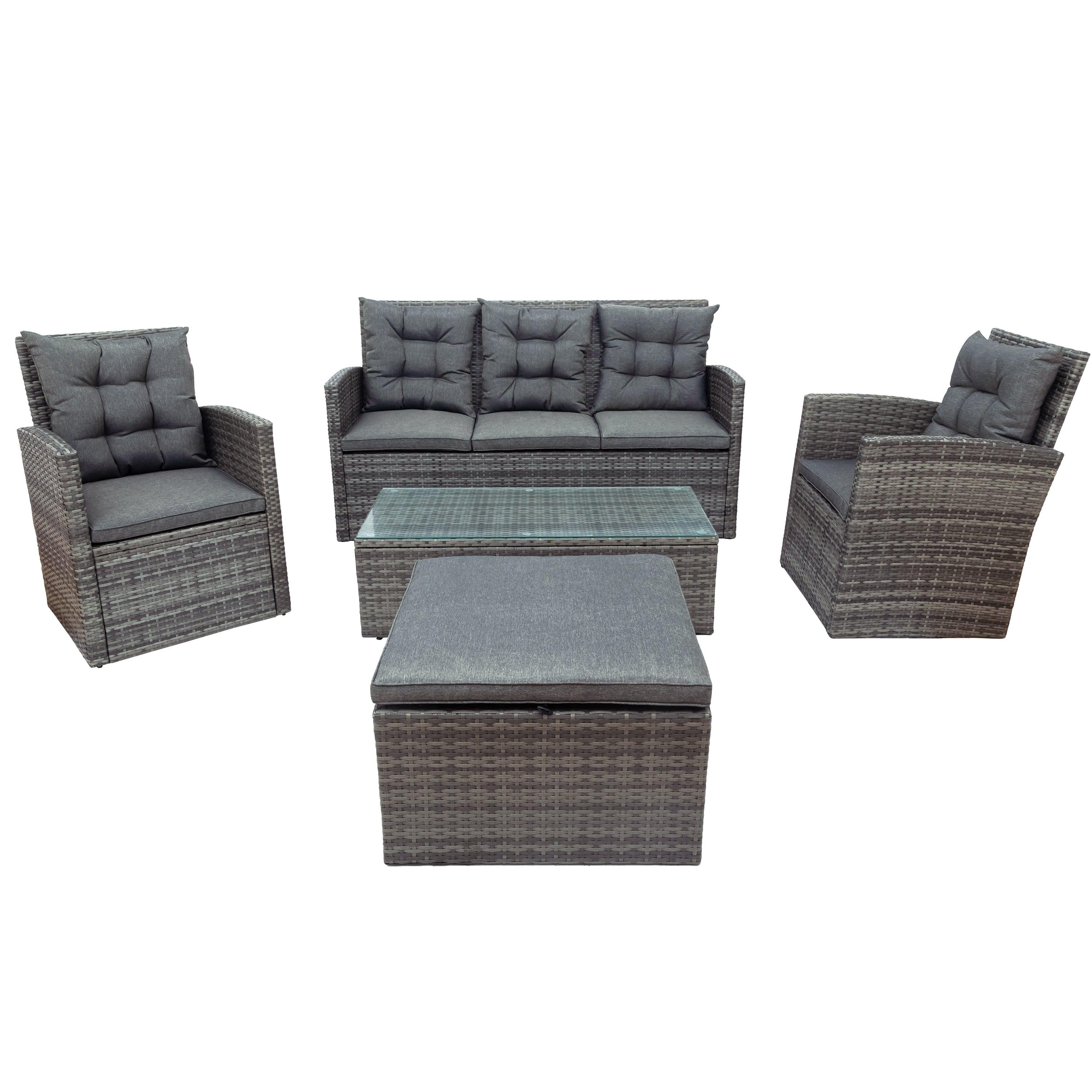 5 PCS Outdoor UV-Resistant Patio Sofa Set withStorage Bench All Weather PE Wicker Furniture Coversation Set with Glass Table - Gray