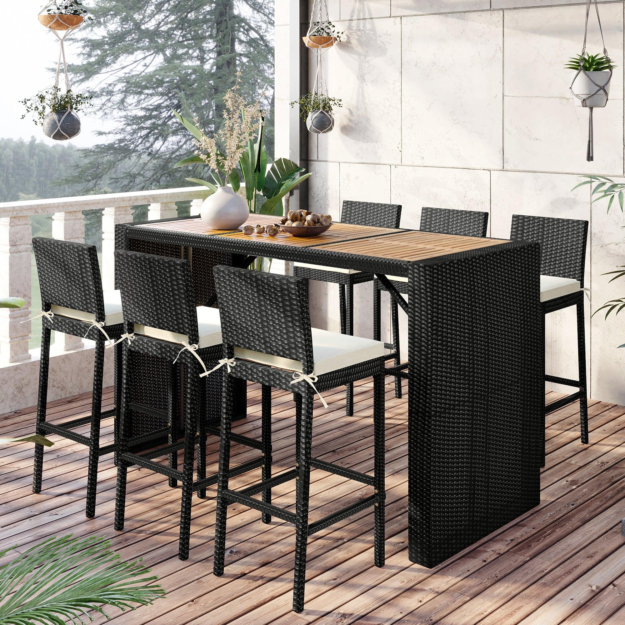 Outdoor Patio 7 PCS Rattan Dining Table Set, PE Wicker Bar Furniture Set with Wood Tabletop and 6 Dining Chairs for Backyard, Garden, Black RattanandBeige Cushion image