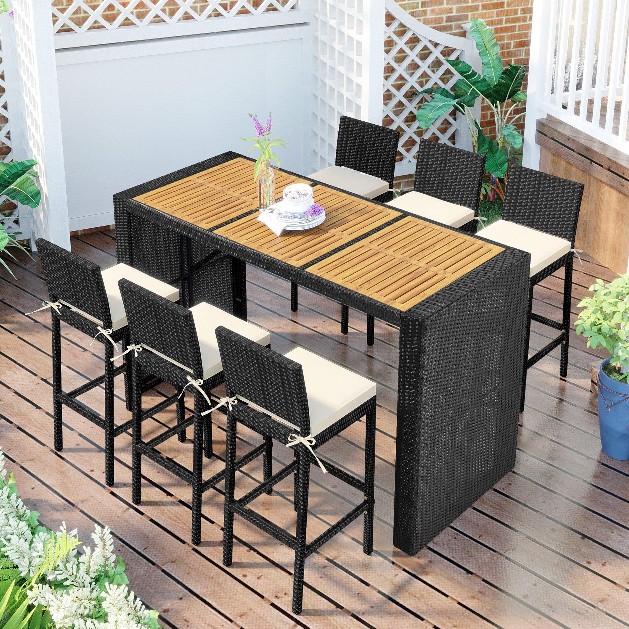 Outdoor Patio 7 PCS Rattan Dining Table Set, PE Wicker Bar Furniture Set with Wood Tabletop and 6 Dining Chairs for Backyard, Garden, Black RattanandBeige Cushion