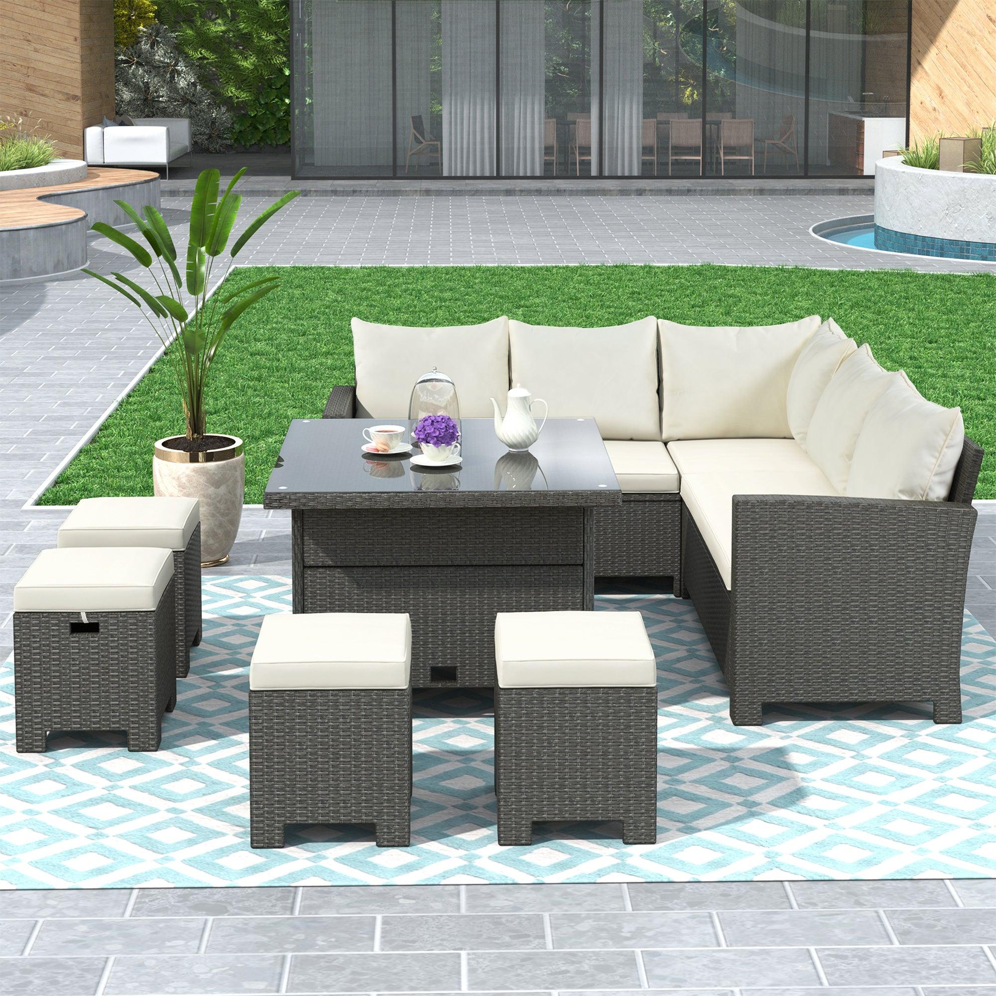 Patio Furniture Set, 8 PCS Outdoor Conversation Set, Dining Table Chair with Ottoman, Cushions