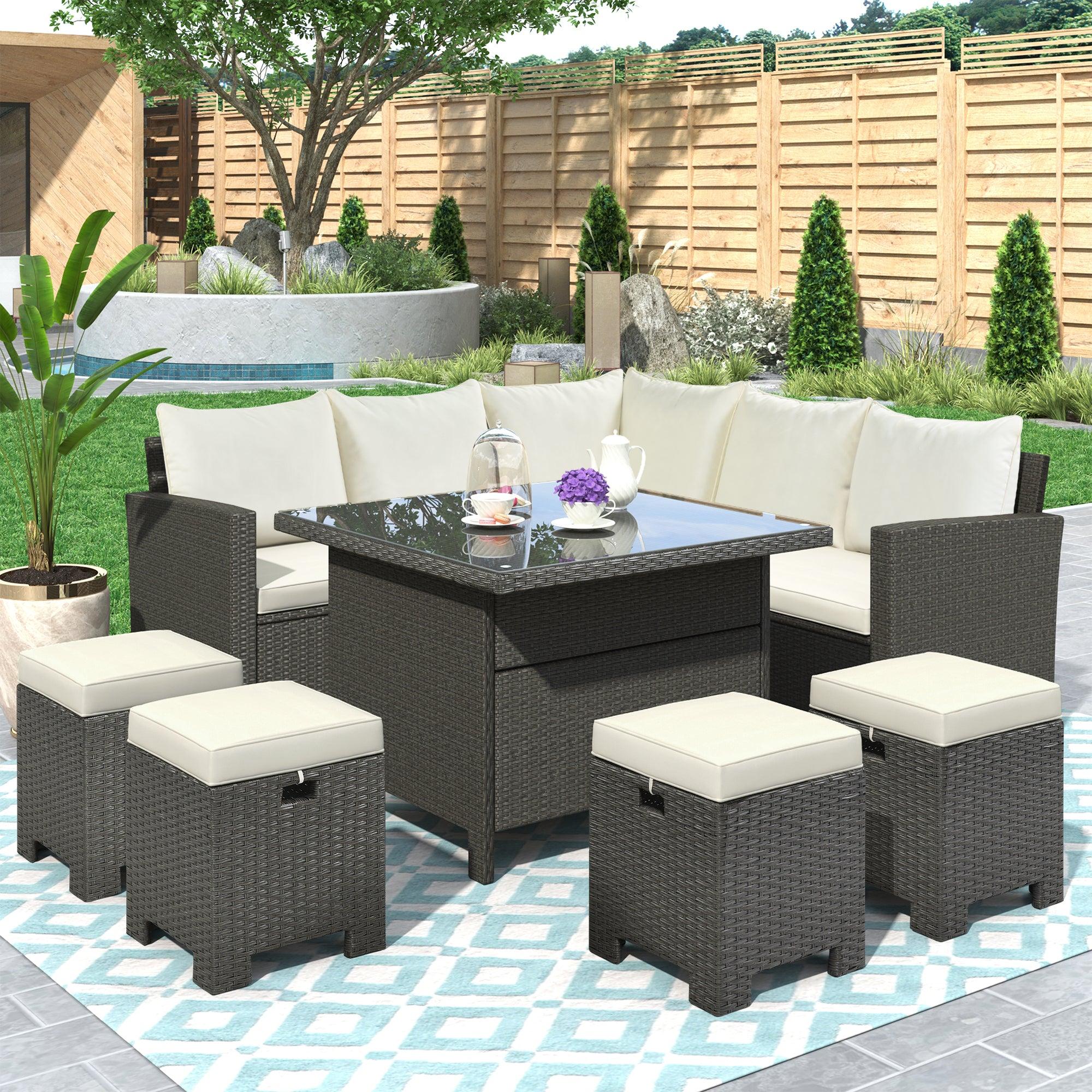 Patio Furniture Set, 8 PCS Outdoor Conversation Set, Dining Table Chair with Ottoman, Cushions image