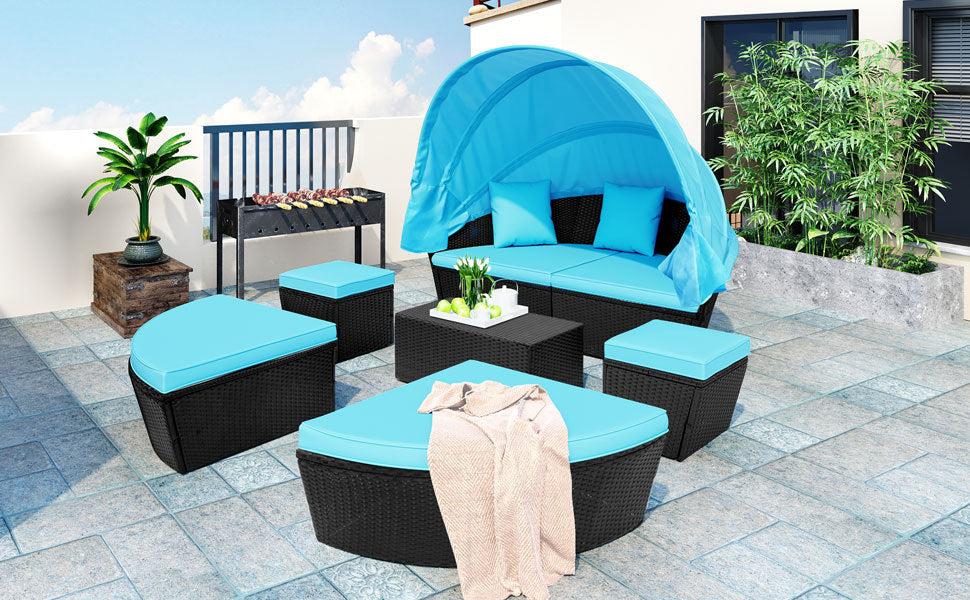 Outdoor rattan daybed sunbed with Retractable Canopy Wicker Furniture, Round Outdoor Sectional Sofa Set, black Wicker Furniture Clamshell  Seating with Washable Cushions, Backyard, Porch, Blue.