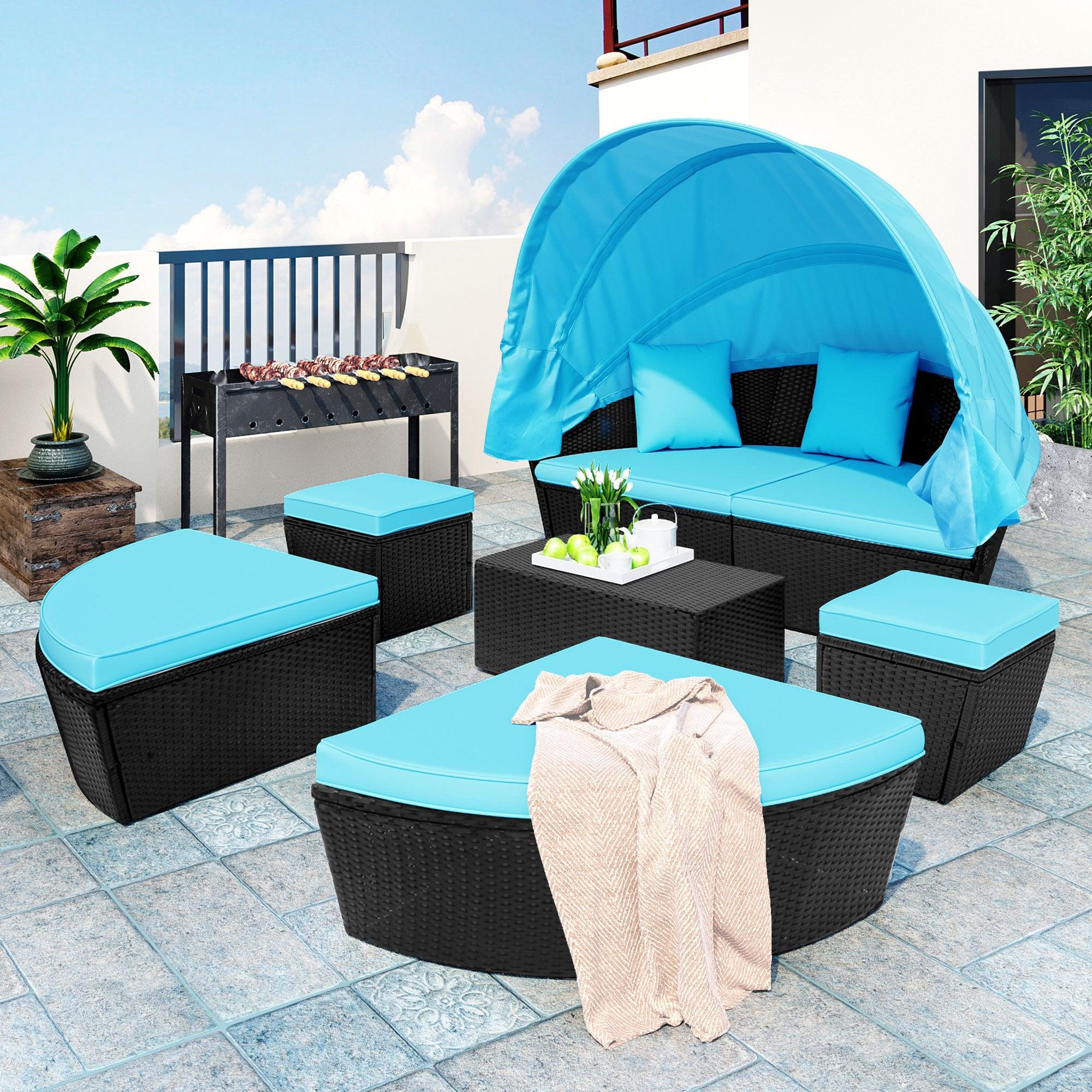 Outdoor rattan daybed sunbed with Retractable Canopy Wicker Furniture, Round Outdoor Sectional Sofa Set, black Wicker Furniture Clamshell  Seating with Washable Cushions, Backyard, Porch, Blue. image