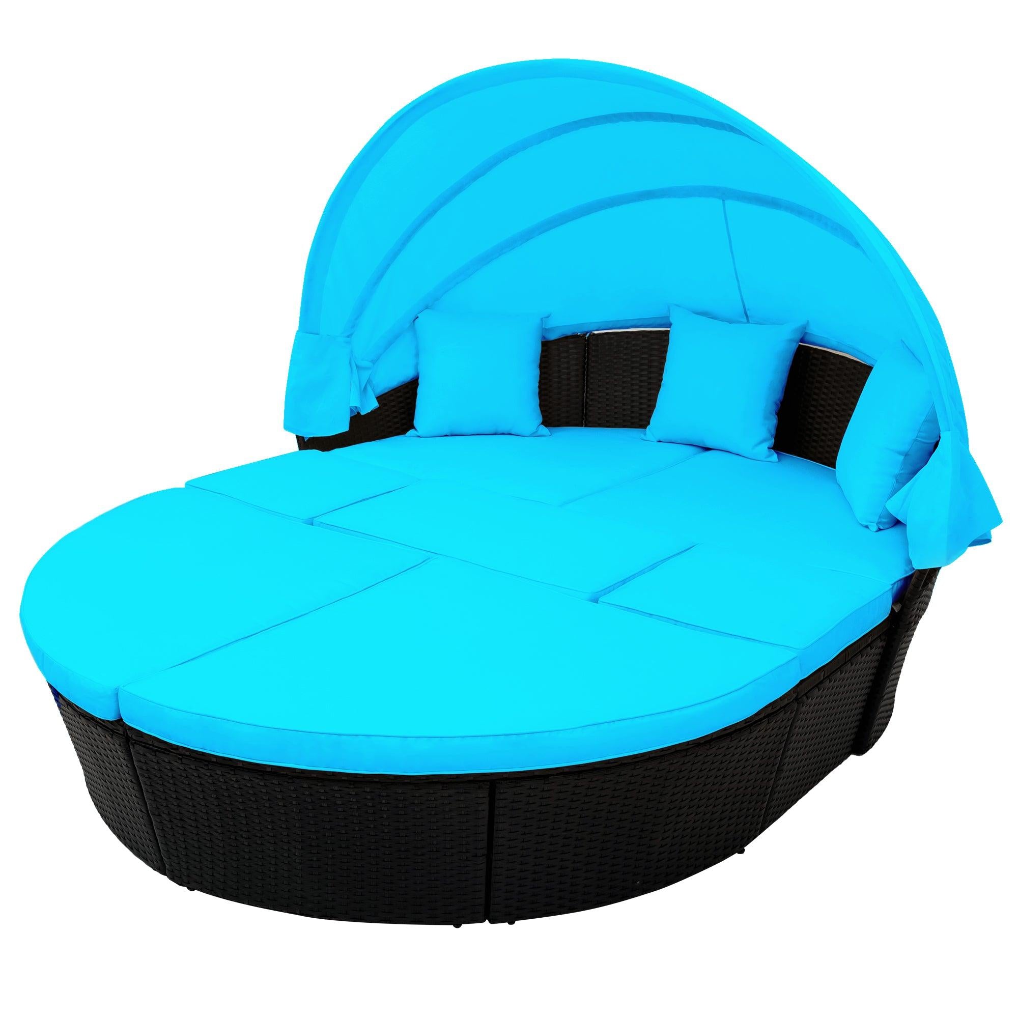 Outdoor rattan daybed sunbed with Retractable Canopy Wicker Furniture, Round Outdoor Sectional Sofa Set, black Wicker Furniture Clamshell  Seating with Washable Cushions, Backyard, Porch, Blue.