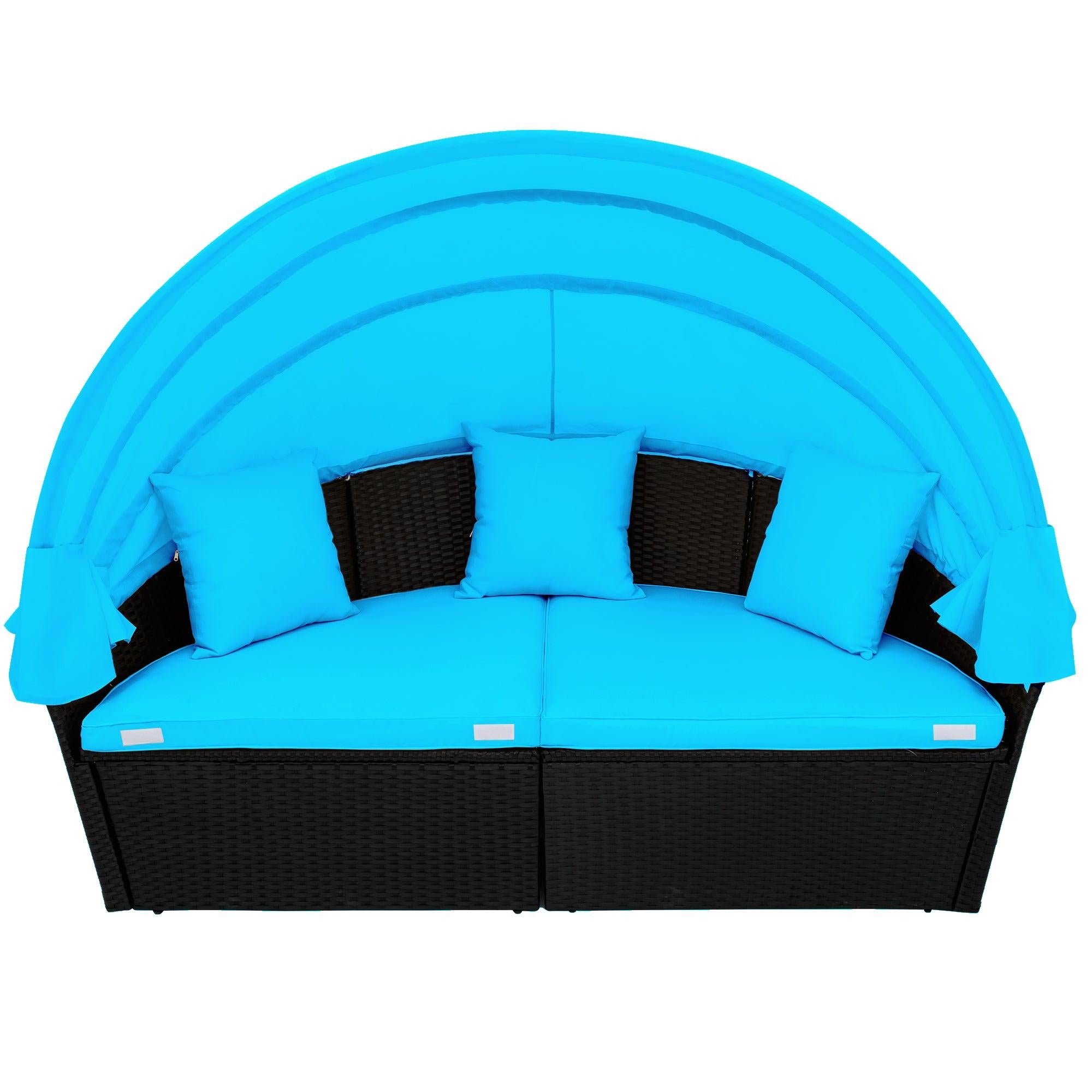 Outdoor rattan daybed sunbed with Retractable Canopy Wicker Furniture, Round Outdoor Sectional Sofa Set, black Wicker Furniture Clamshell  Seating with Washable Cushions, Backyard, Porch, Blue.