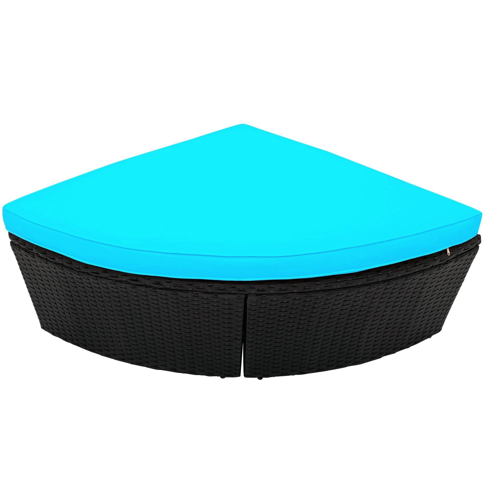 Outdoor rattan daybed sunbed with Retractable Canopy Wicker Furniture, Round Outdoor Sectional Sofa Set, black Wicker Furniture Clamshell  Seating with Washable Cushions, Backyard, Porch, Blue.