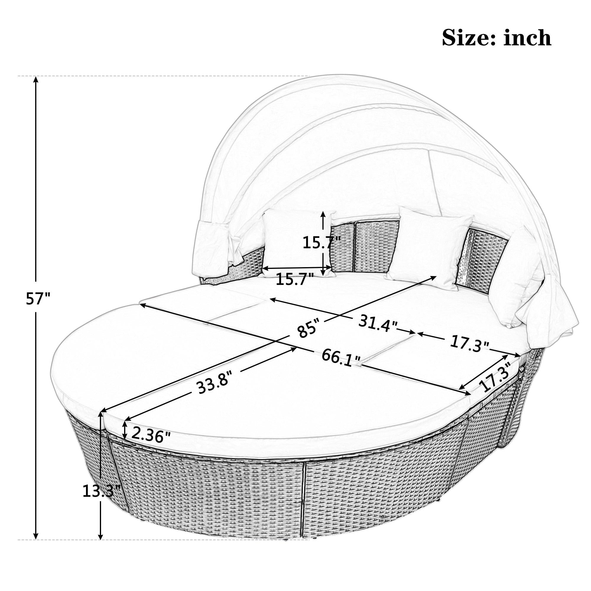 Outdoor rattan daybed sunbed with Retractable Canopy Wicker Furniture, Round Outdoor Sectional Sofa Set, black Wicker Furniture Clamshell  Seating with Washable Cushions, Backyard, Porch, Blue.