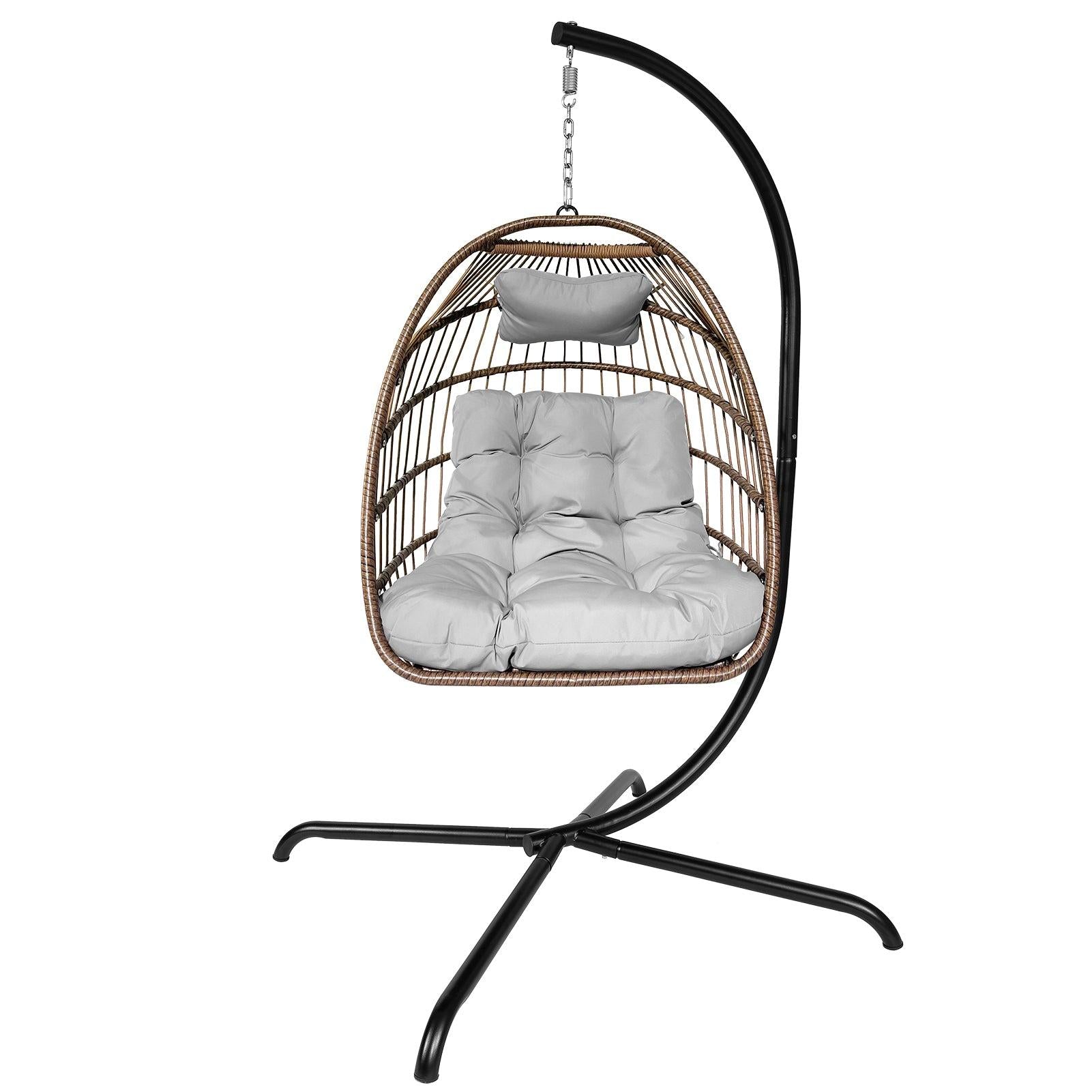 Indoor Outdoor Brown Wicker Rattan Patio Basket Egg Shaped Hanging Chair with C Type Bracket and White Cushion