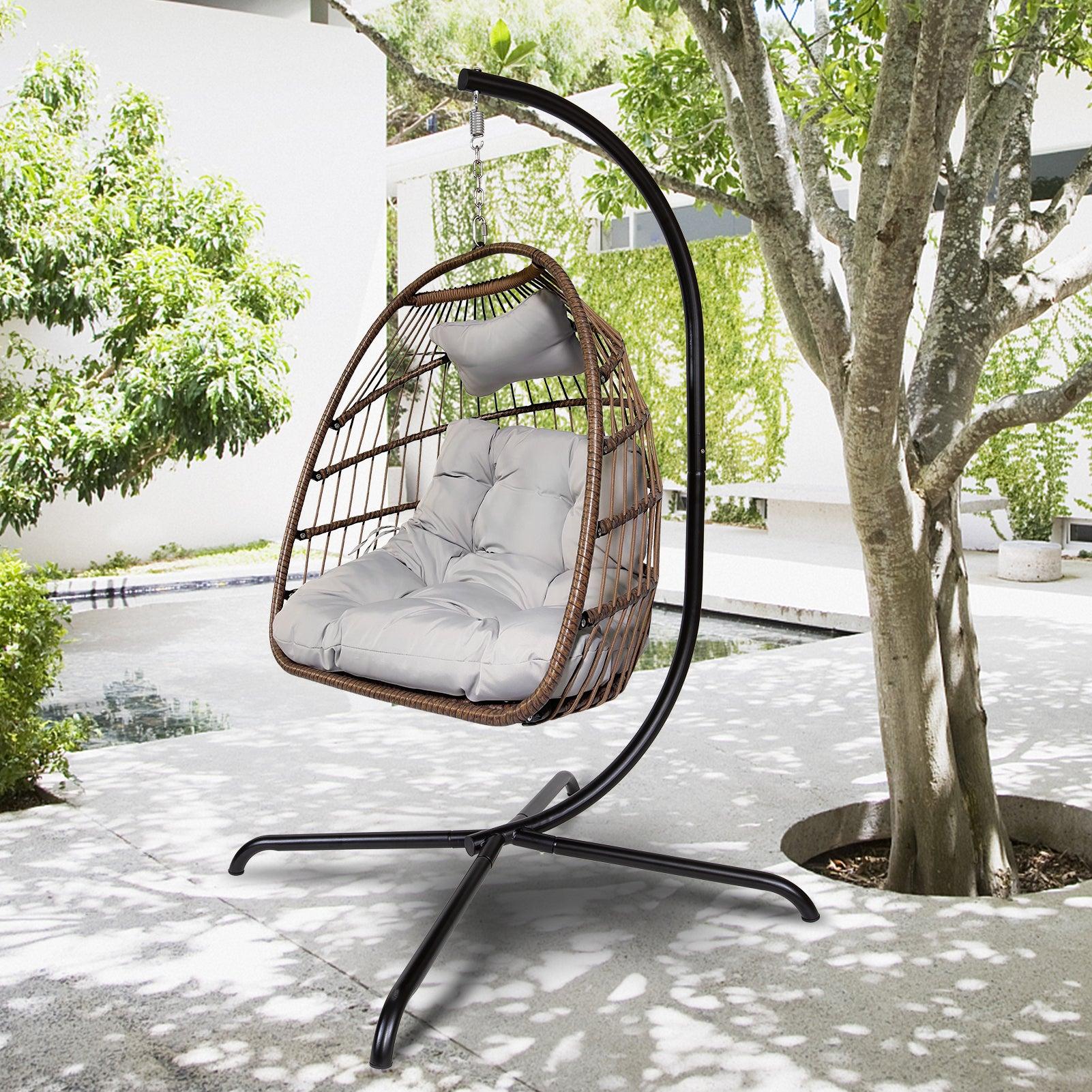 Indoor Outdoor Brown Wicker Rattan Patio Basket Egg Shaped Hanging Chair with C Type Bracket and White Cushion image