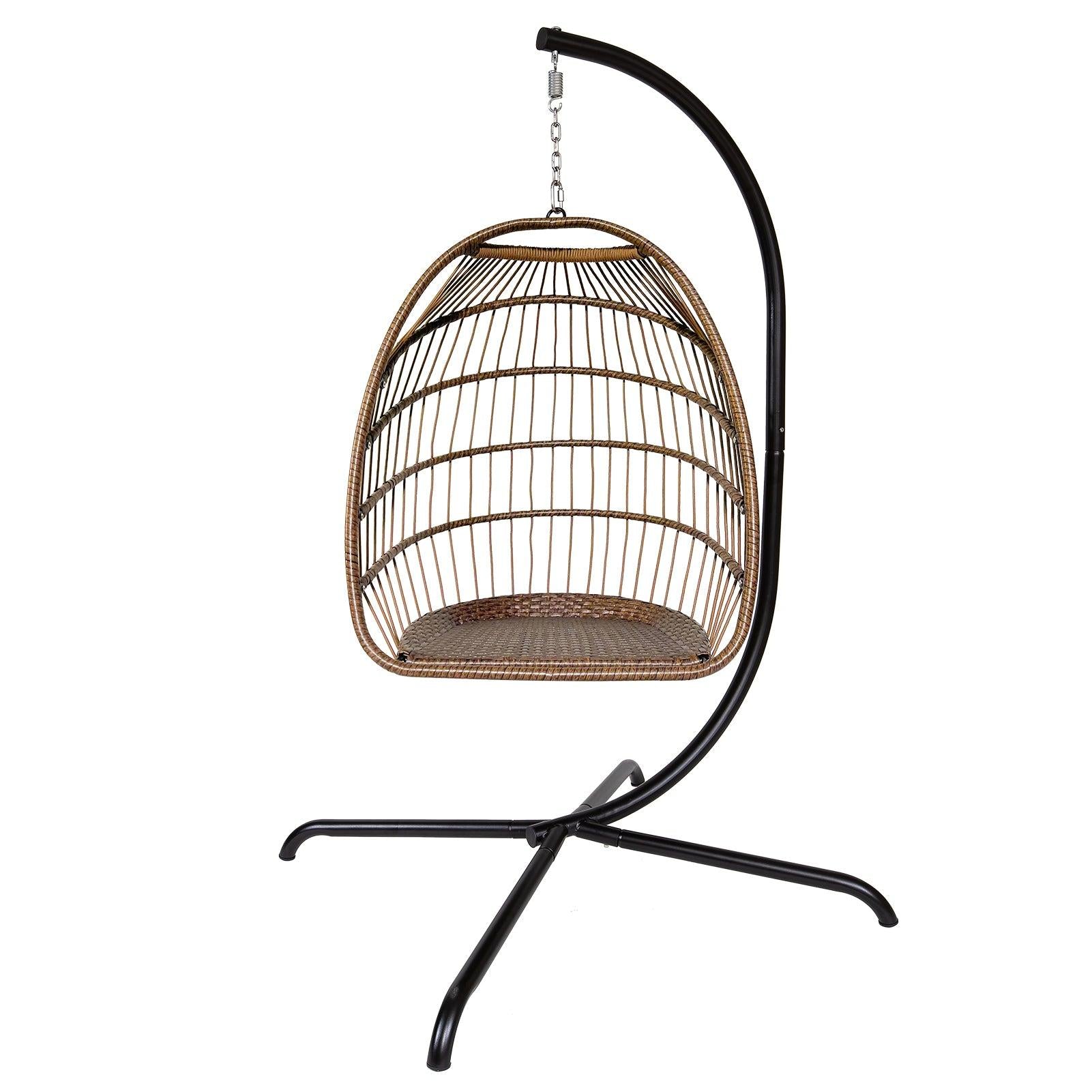 Indoor Outdoor Brown Wicker Rattan Patio Basket Egg Shaped Hanging Chair with C Type Bracket and White Cushion