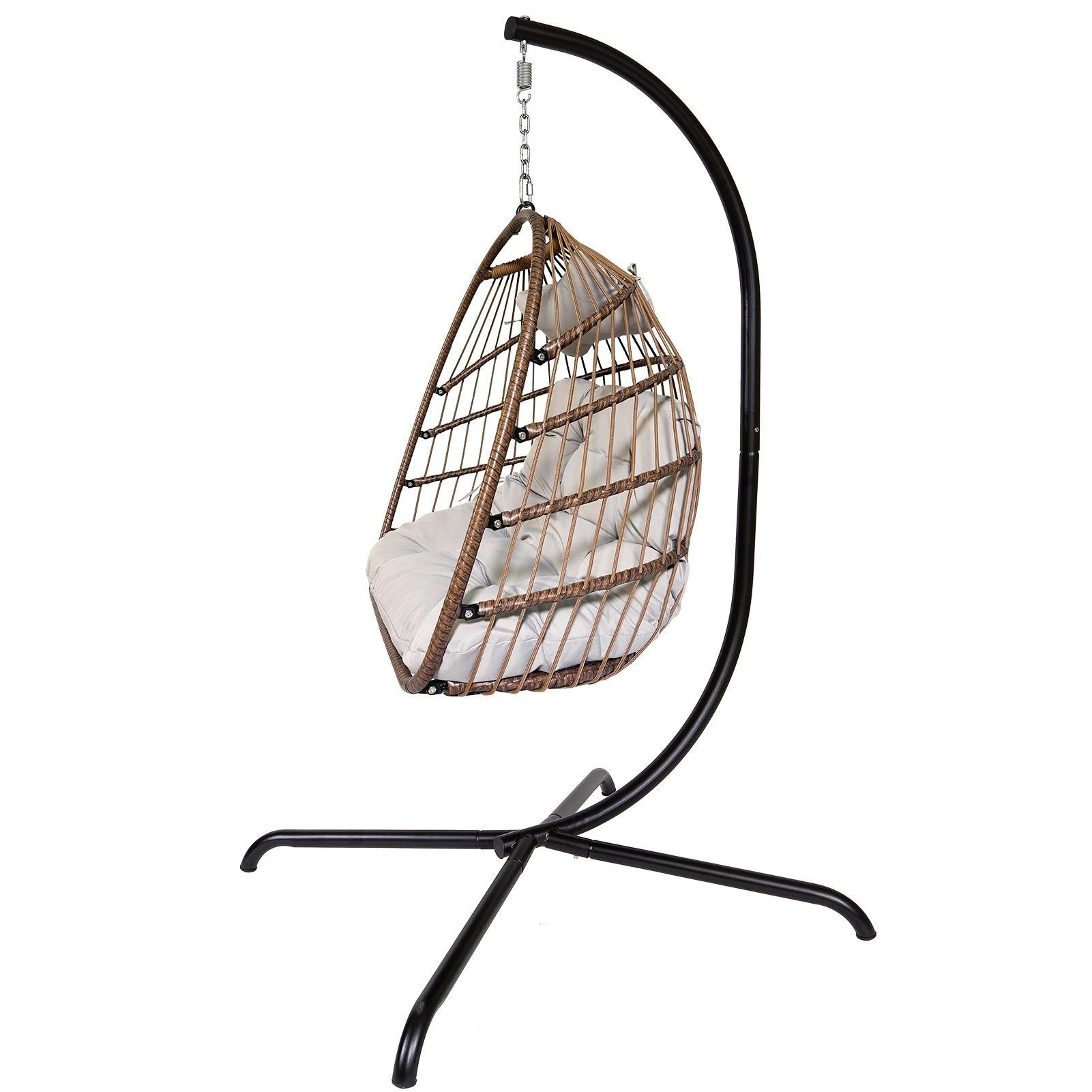 Indoor Outdoor Brown Wicker Rattan Patio Basket Egg Shaped Hanging Chair with C Type Bracket and White Cushion