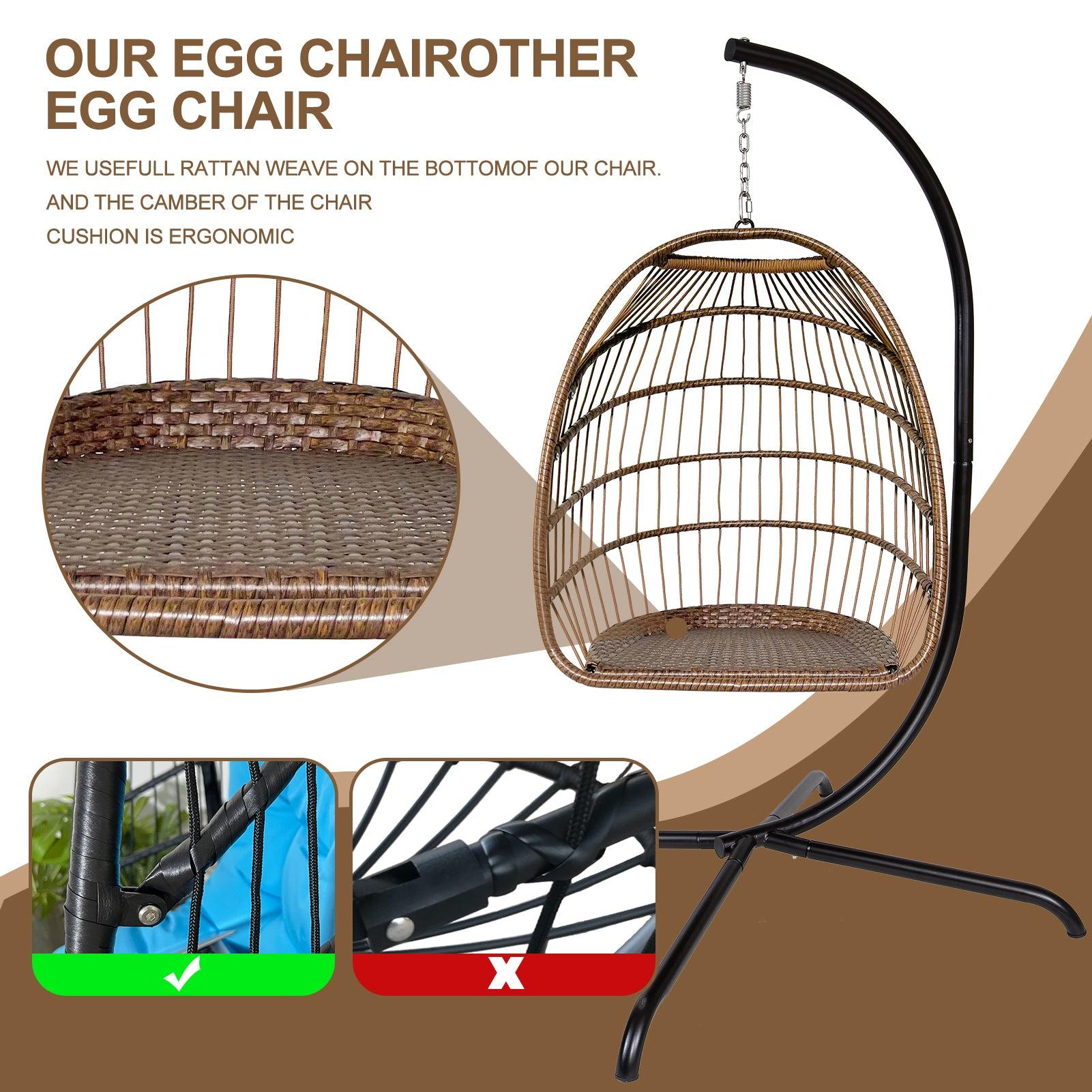 Indoor Outdoor Brown Wicker Rattan Patio Basket Egg Shaped Hanging Chair with C Type Bracket and White Cushion