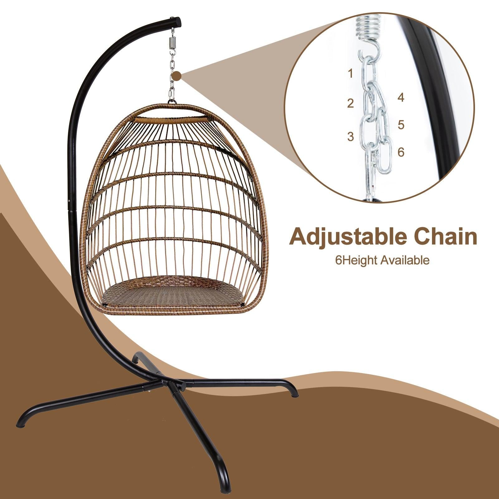 Indoor Outdoor Brown Wicker Rattan Patio Basket Egg Shaped Hanging Chair with C Type Bracket and White Cushion