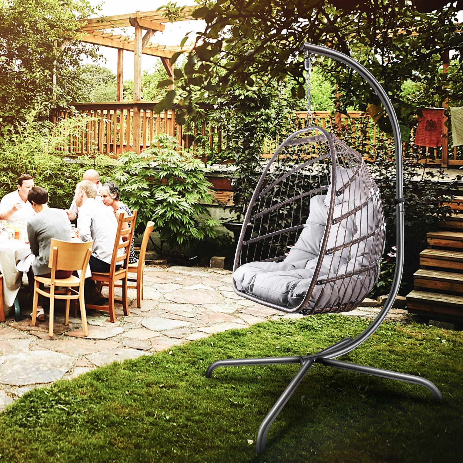 Indoor Outdoor Brown Wicker Rattan Patio Basket Egg Shaped Hanging Chair with C Type Bracket and White Cushion