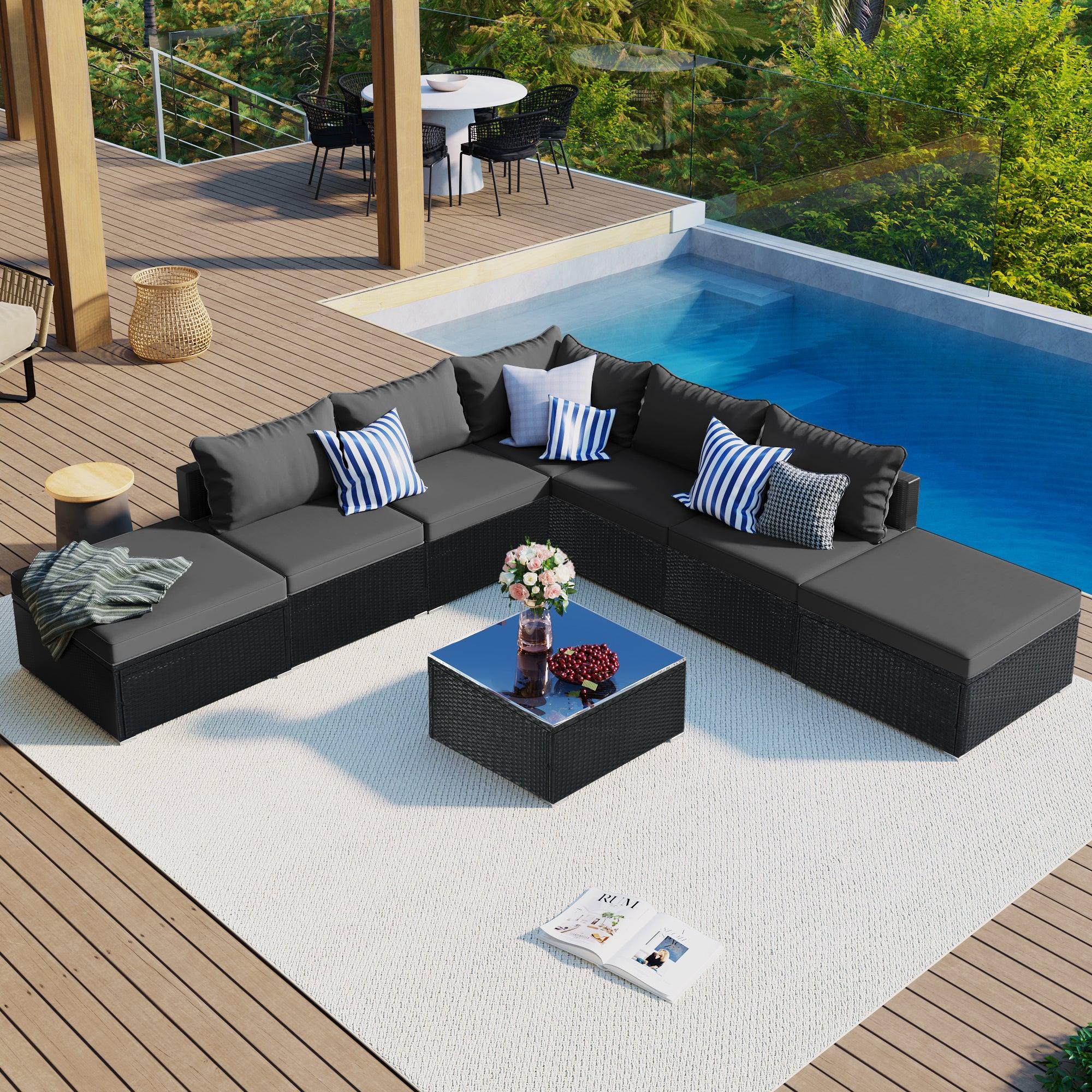 8 PCS Outdoor Patio Garden L-shaped Conversation Sectional Set with Gray Cushions and Black Rattan Wicker image