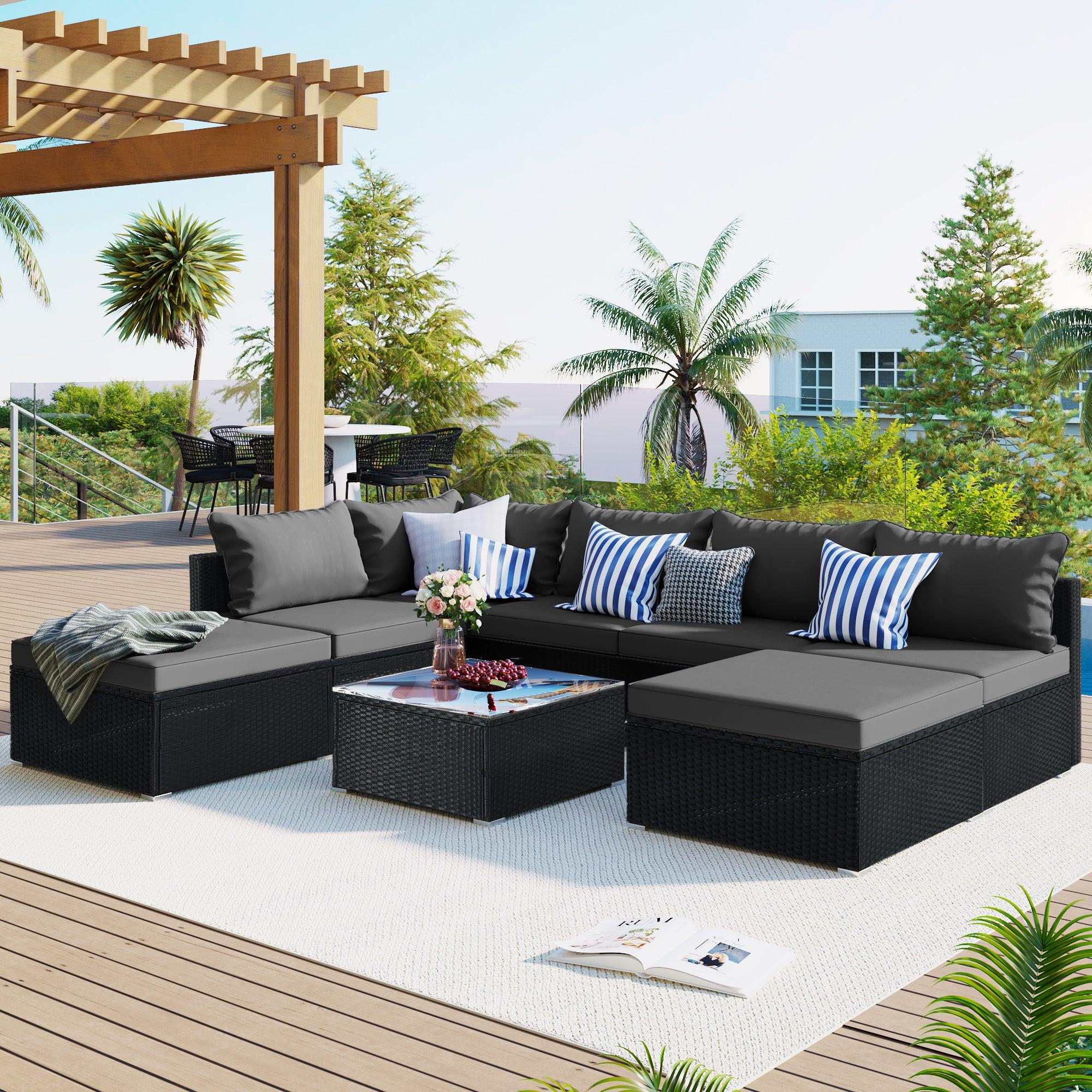 8 PCS Outdoor Patio Garden L-shaped Conversation Sectional Set with Gray Cushions and Black Rattan Wicker