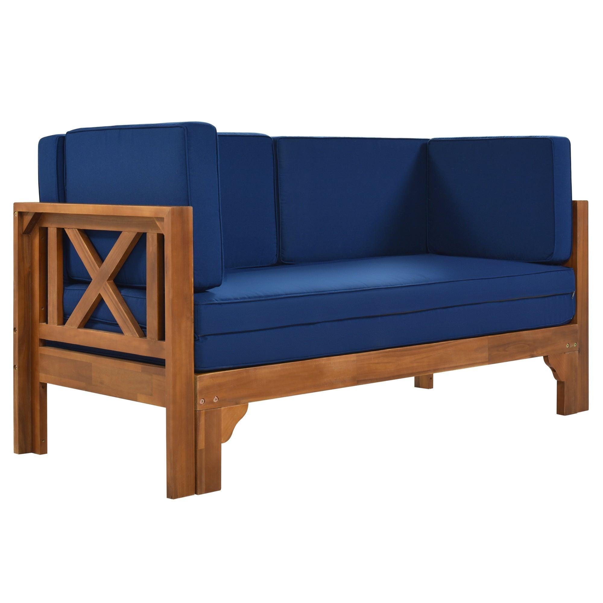 Outdoor Patio Extendable Wooden Sofa Set with Thick Blue Cushions