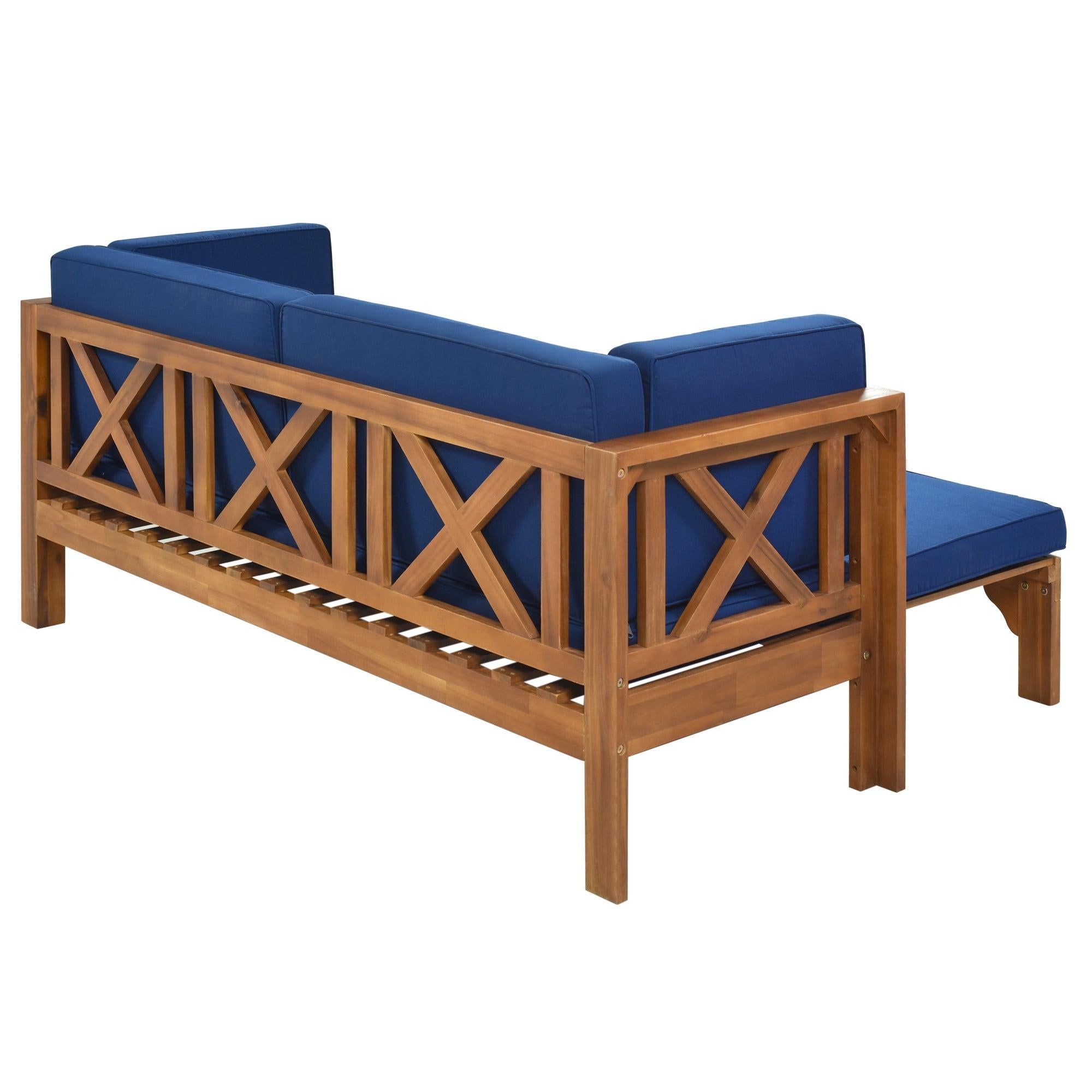 Outdoor Patio Extendable Wooden Sofa Set with Thick Blue Cushions