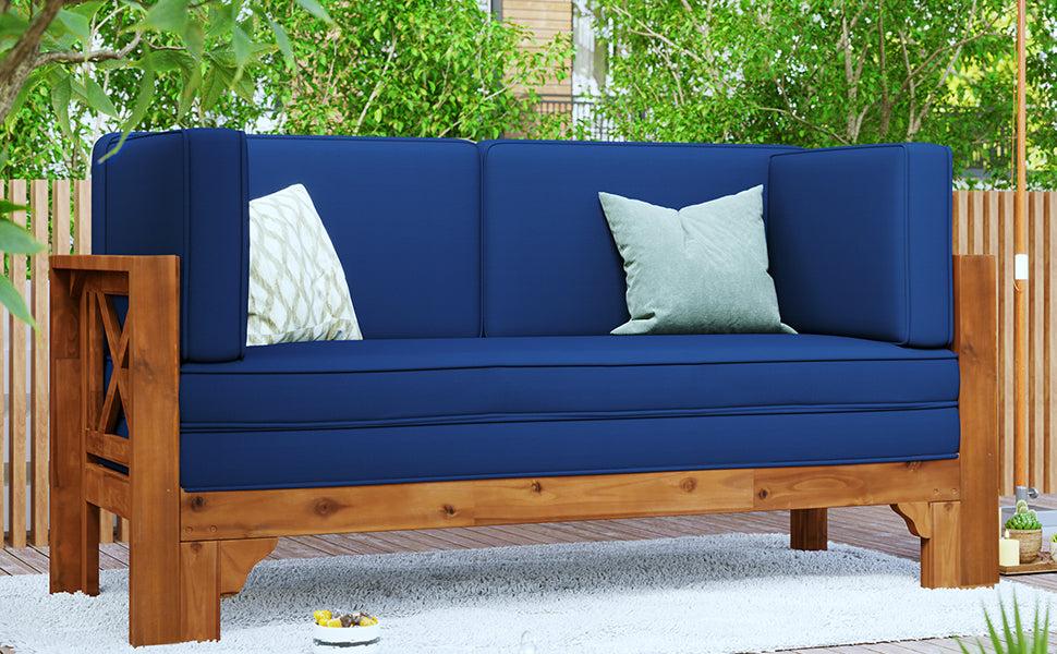 Outdoor Patio Extendable Wooden Sofa Set with Thick Blue Cushions