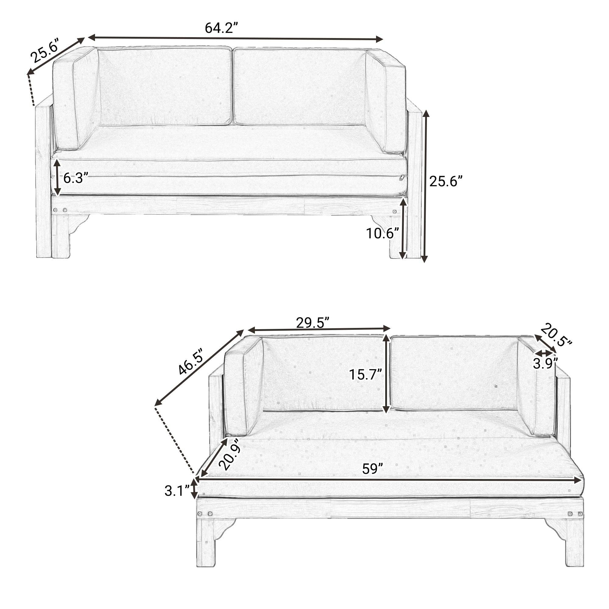 Outdoor Patio Extendable Wooden Sofa Set with Thick Blue Cushions