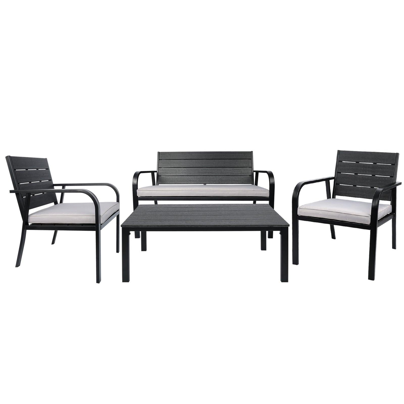 4 PCS Outdoor Patio Conversation Wood Grain Design PE Steel Frame Seating Set - White image