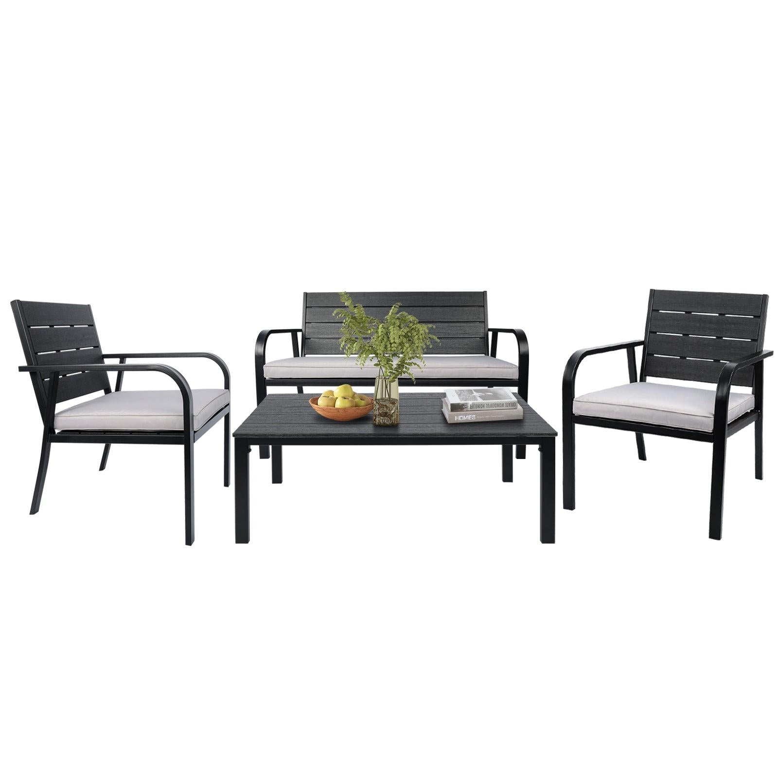 4 PCS Outdoor Patio Conversation Wood Grain Design PE Steel Frame Seating Set - White