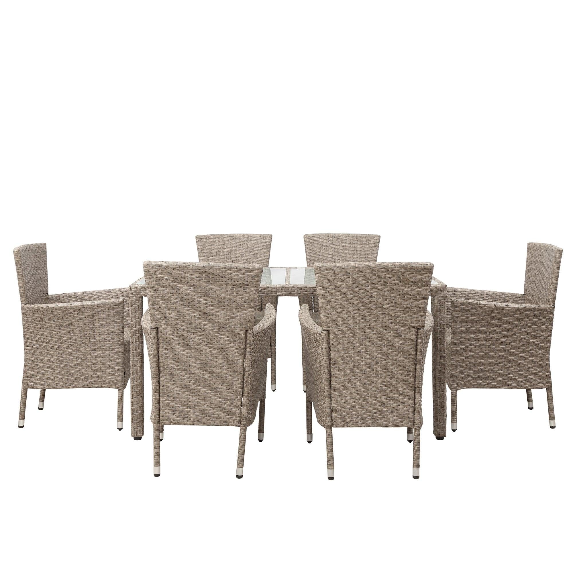 7 PCS Patio Outdoor Wicker Rattan Dining Set with Glass Dinning Table and Beige Cushion