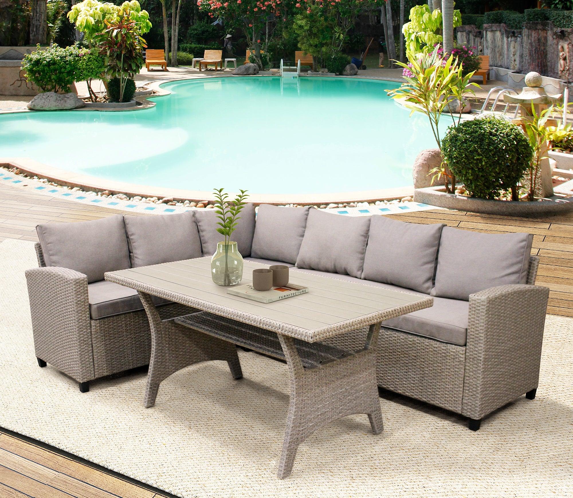 Outdoor Patio Furniture PE Rattan Wicker  Sectional Sofa Set with Table and Brown Cushions