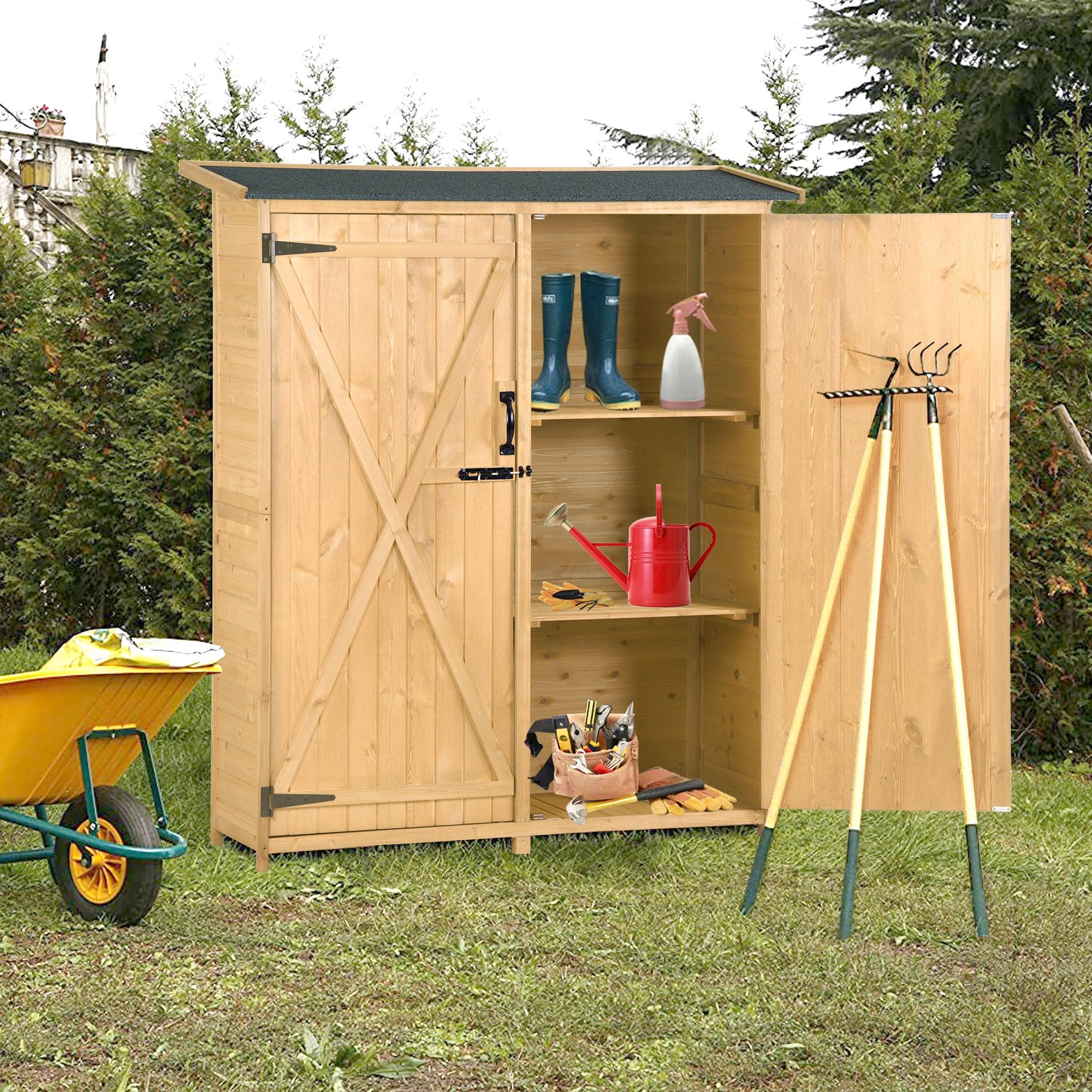 5.3ft x 4.6ft Outdoor WoodStorage Shed Tool Organizer with 3-tier Shelves, Waterproof Asphalt Roof, and Double Lockable Doors  - Natural image