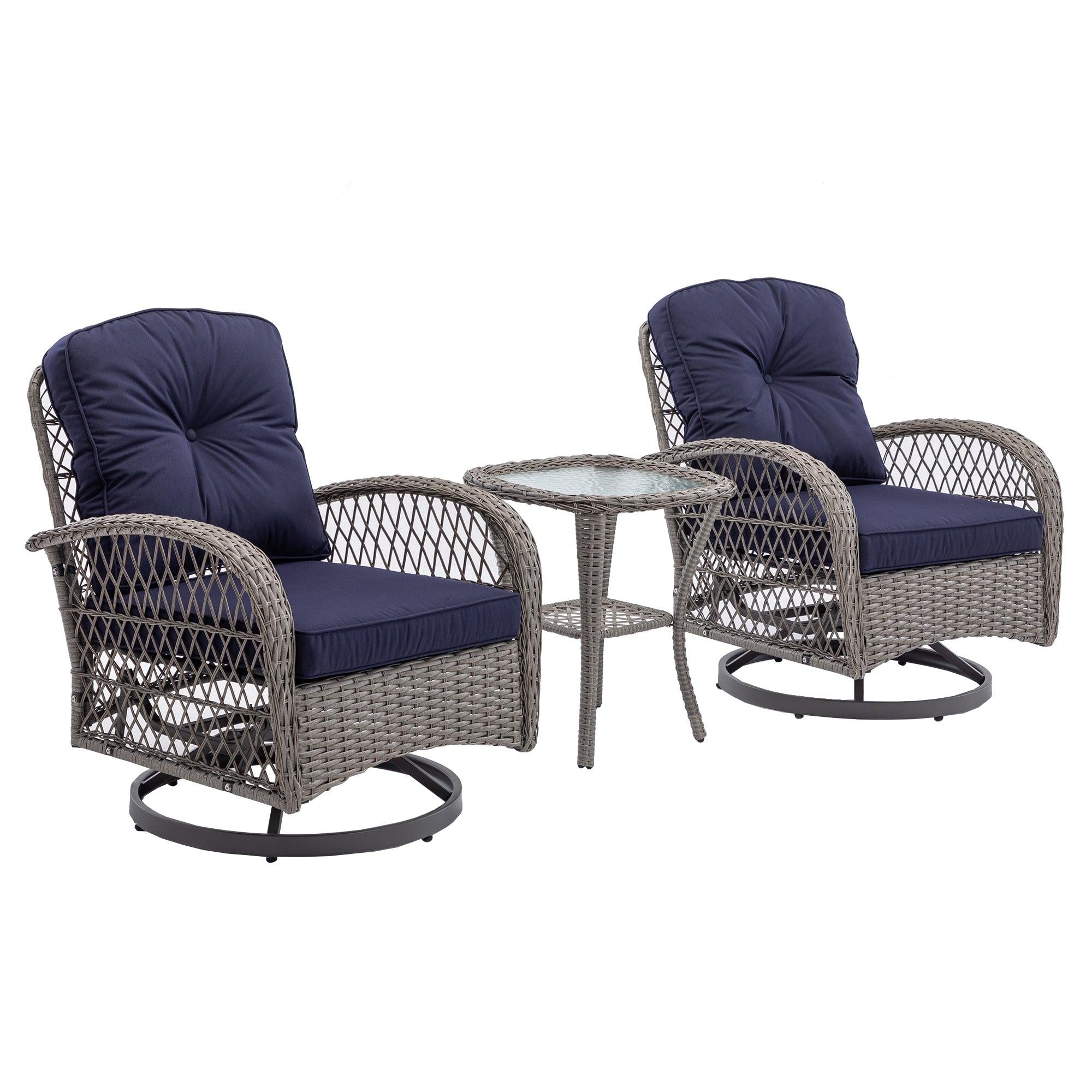 3 PCS Outdoor PatioModern Wicker Set with Table, Swivel Base Chairs and Navy Blue Cushions