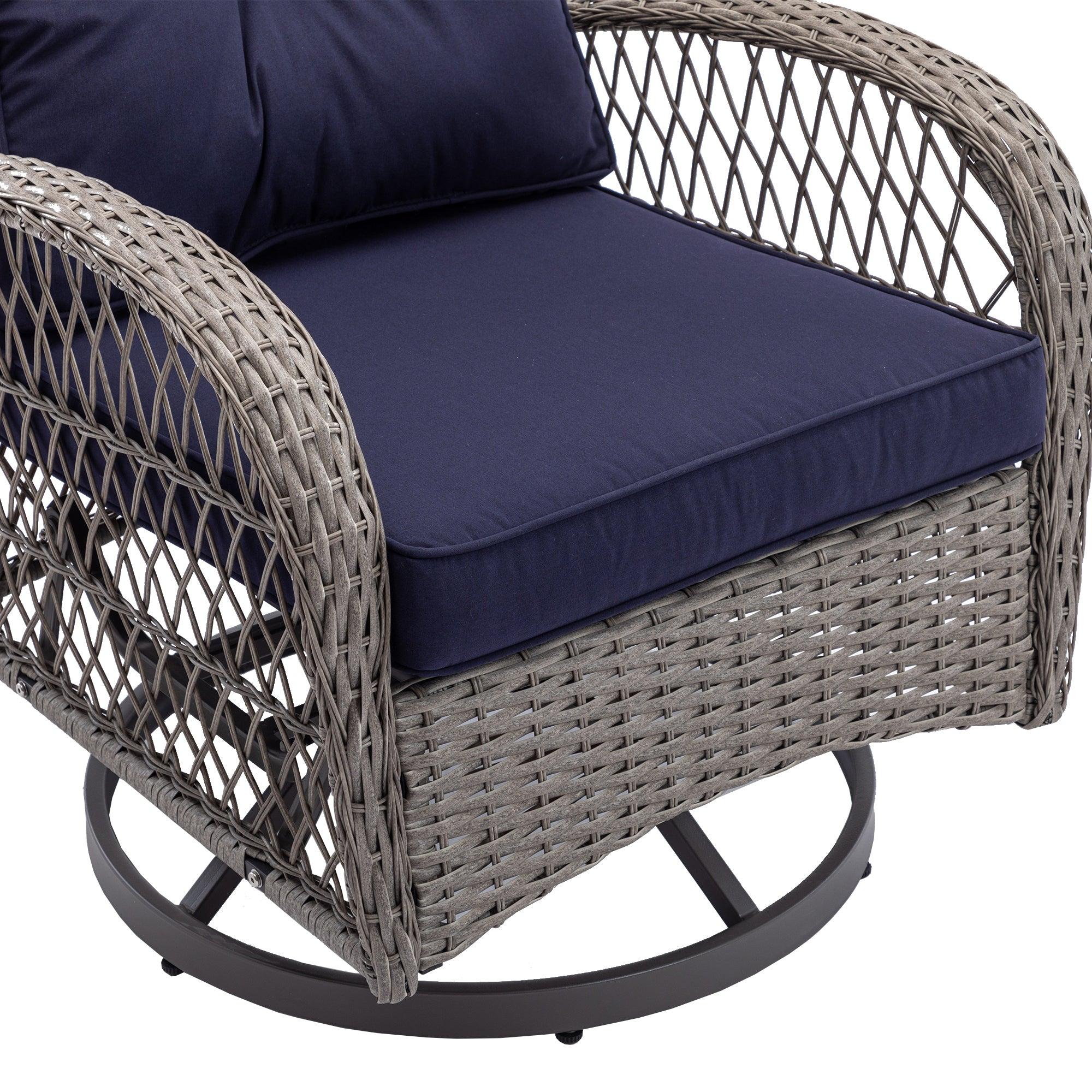 3 PCS Outdoor PatioModern Wicker Set with Table, Swivel Base Chairs and Navy Blue Cushions