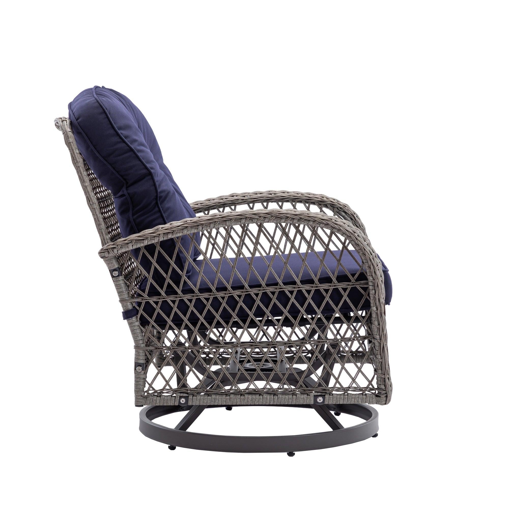 3 PCS Outdoor PatioModern Wicker Set with Table, Swivel Base Chairs and Navy Blue Cushions