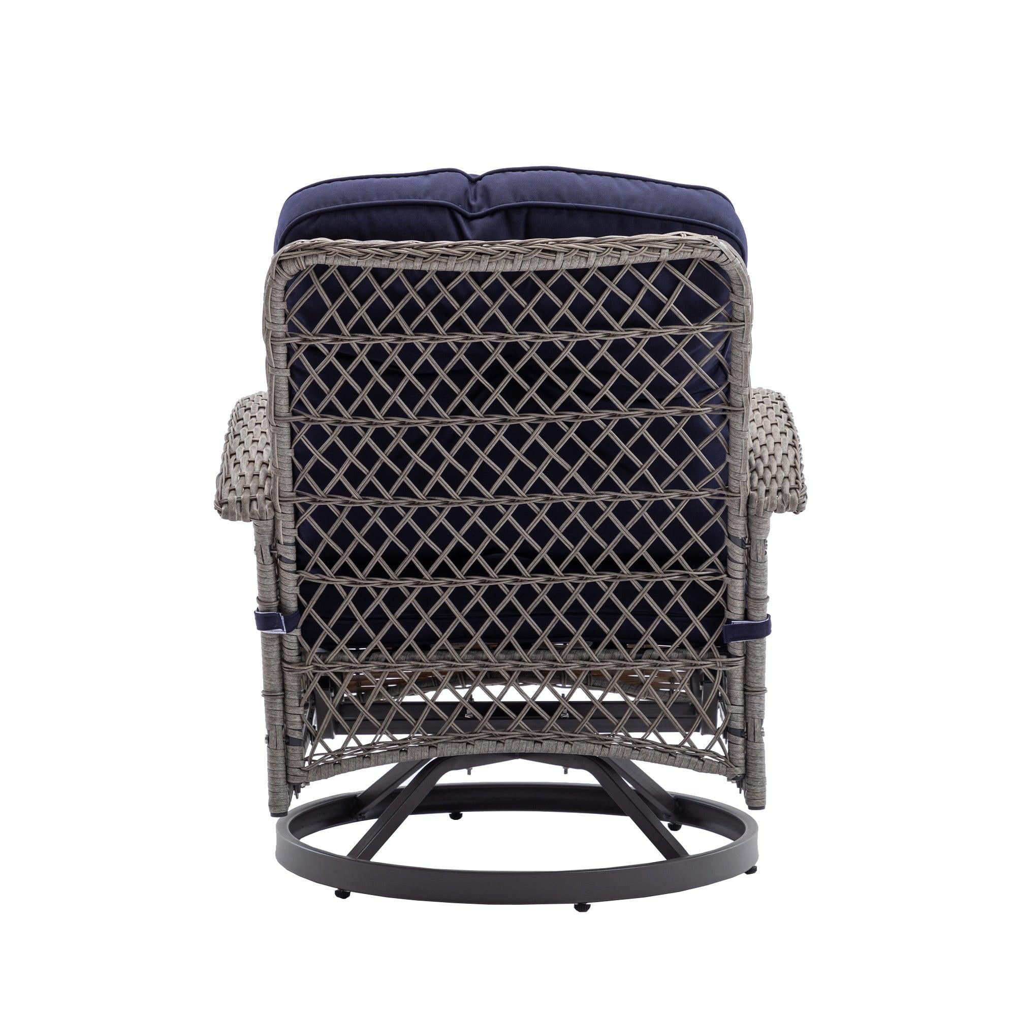 3 PCS Outdoor PatioModern Wicker Set with Table, Swivel Base Chairs and Navy Blue Cushions