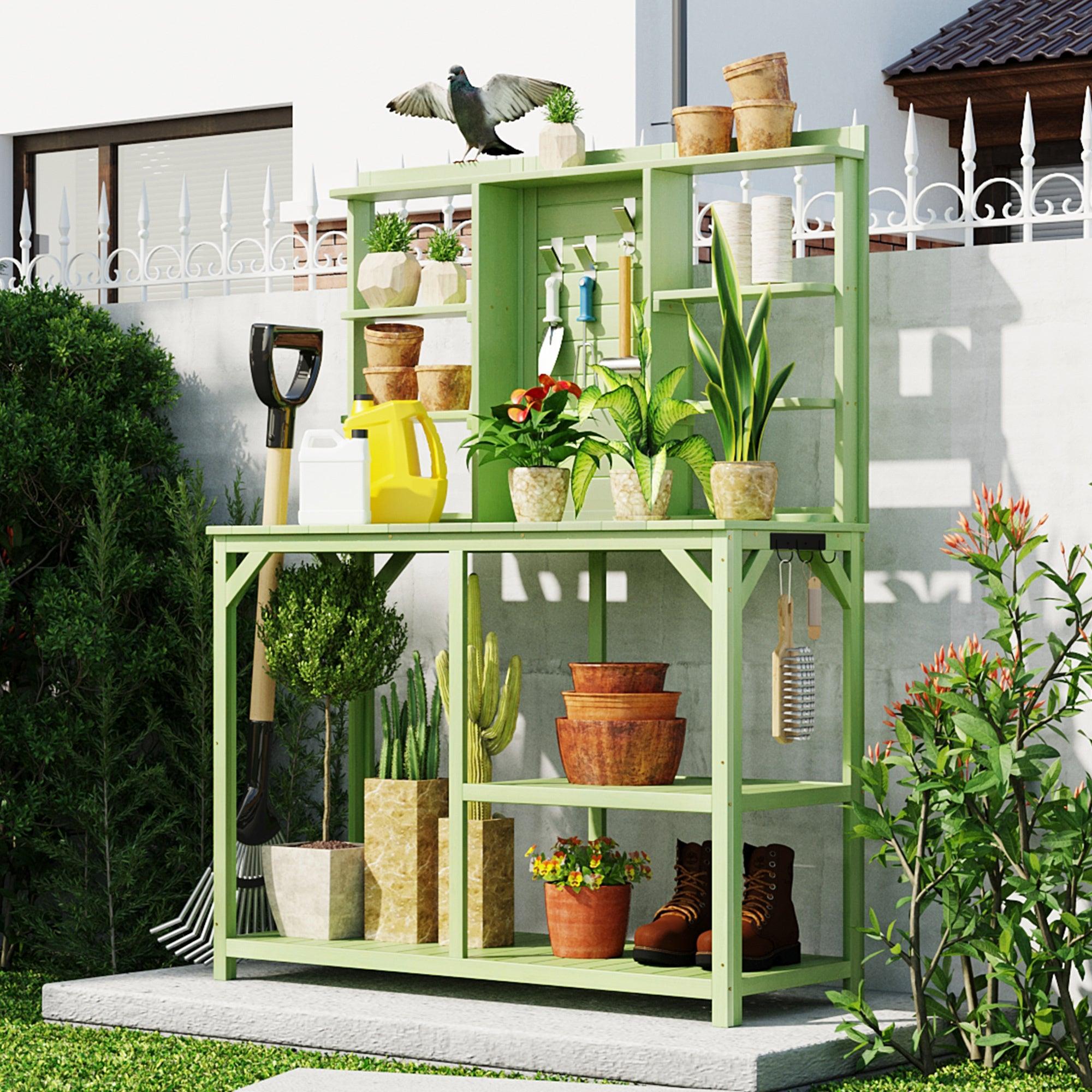 64.6" Large Outdoor Garden Potting Bench with Tabletop, 6-Tier Shelves, and Side Hook - Green image