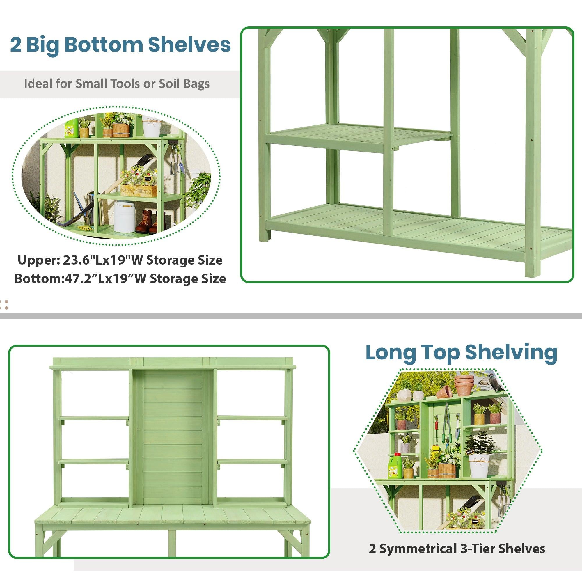 64.6" Large Outdoor Garden Potting Bench with Tabletop, 6-Tier Shelves, and Side Hook - Green