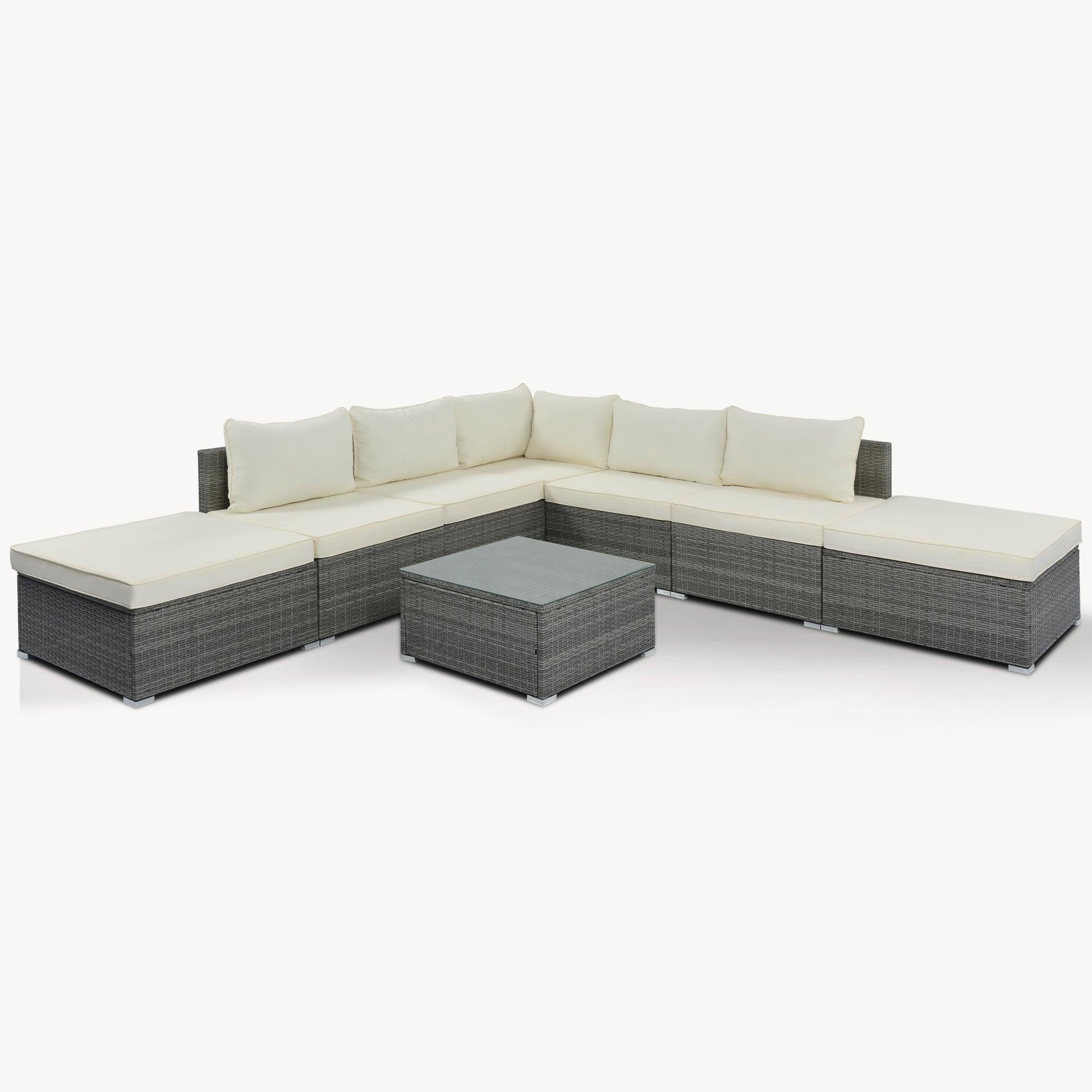 8 PCS Outdoor Patio Garden L-shaped Conversation Sectional Set with Beige Cushions and Gray Rattan Wicker