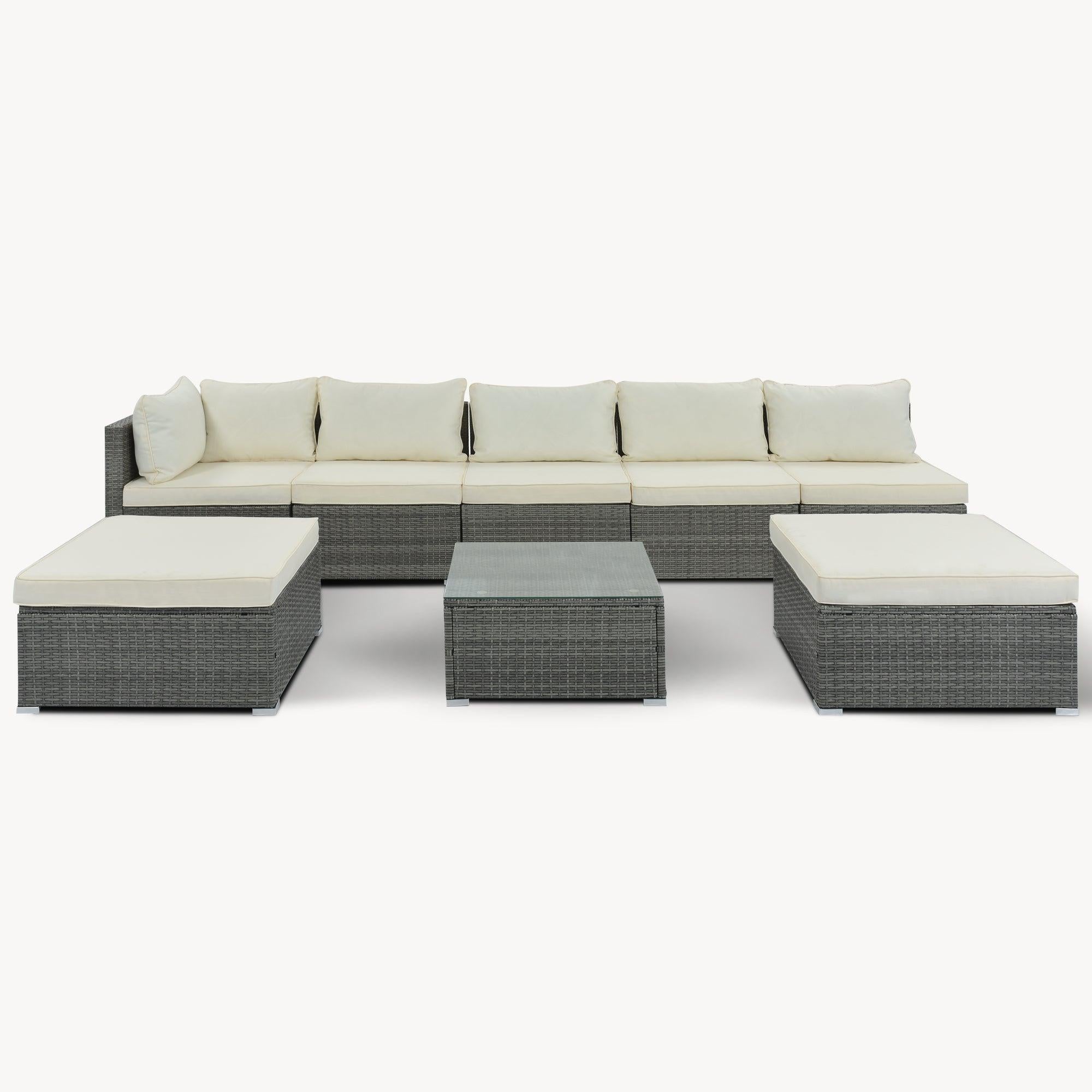 8 PCS Outdoor Patio Garden L-shaped Conversation Sectional Set with Beige Cushions and Gray Rattan Wicker