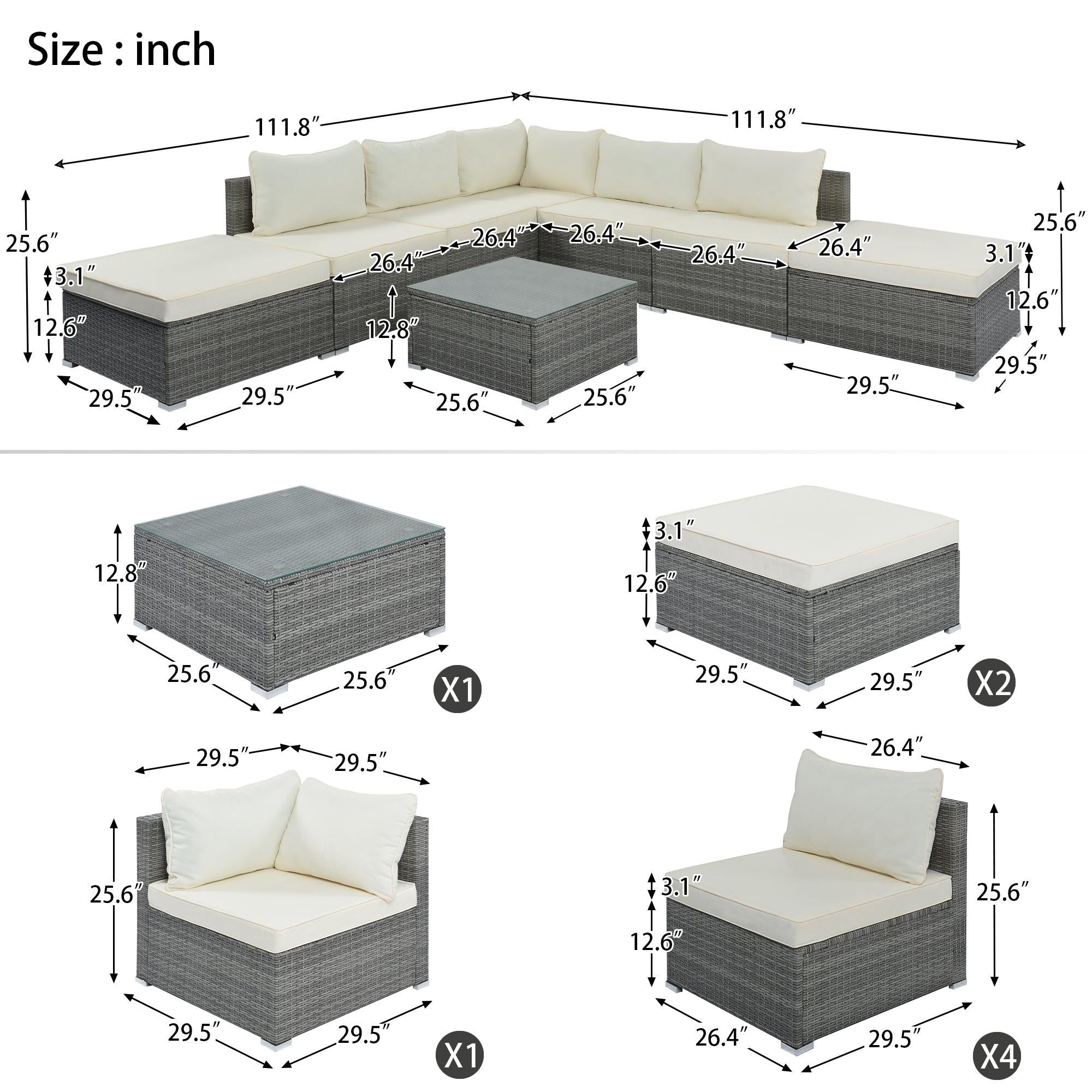 8 PCS Outdoor Patio Garden L-shaped Conversation Sectional Set with Beige Cushions and Gray Rattan Wicker