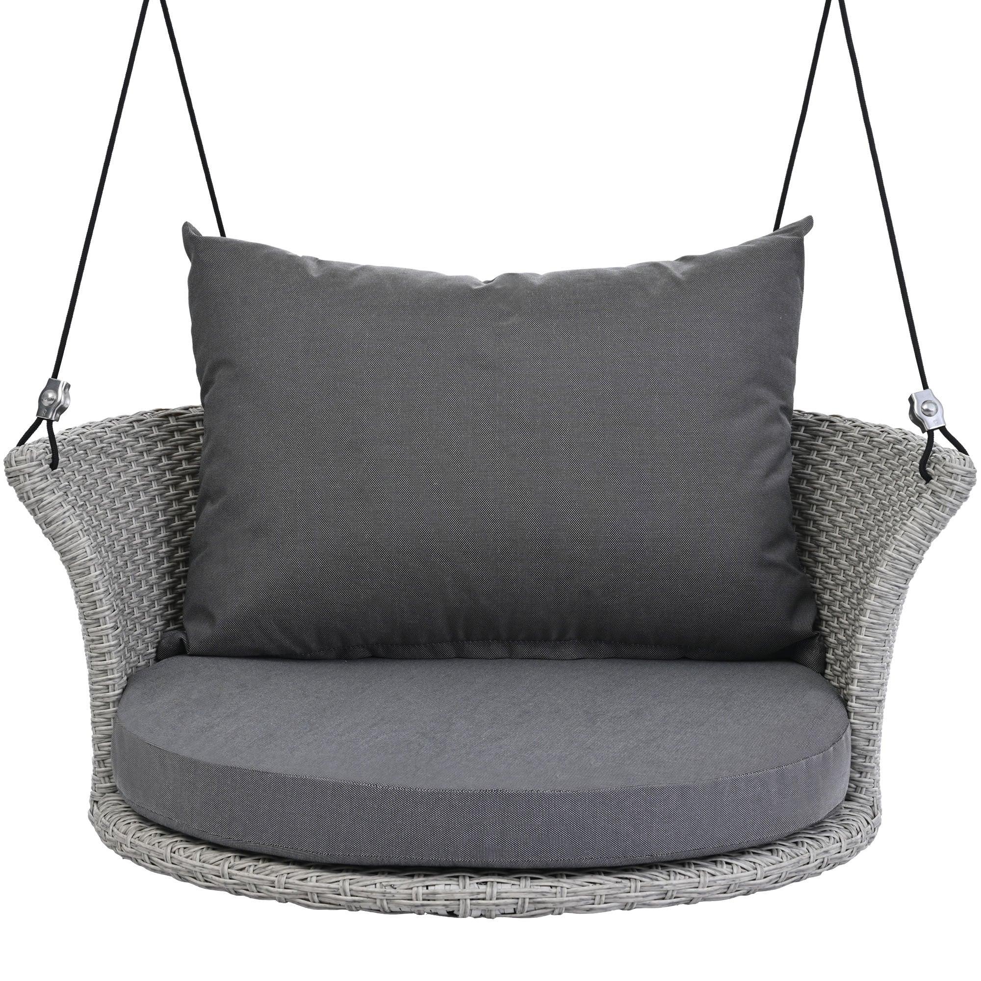 Single Person Rattan Woven Swing Hanging Seat With Ropes, Gray Wicker and Gray Cushion