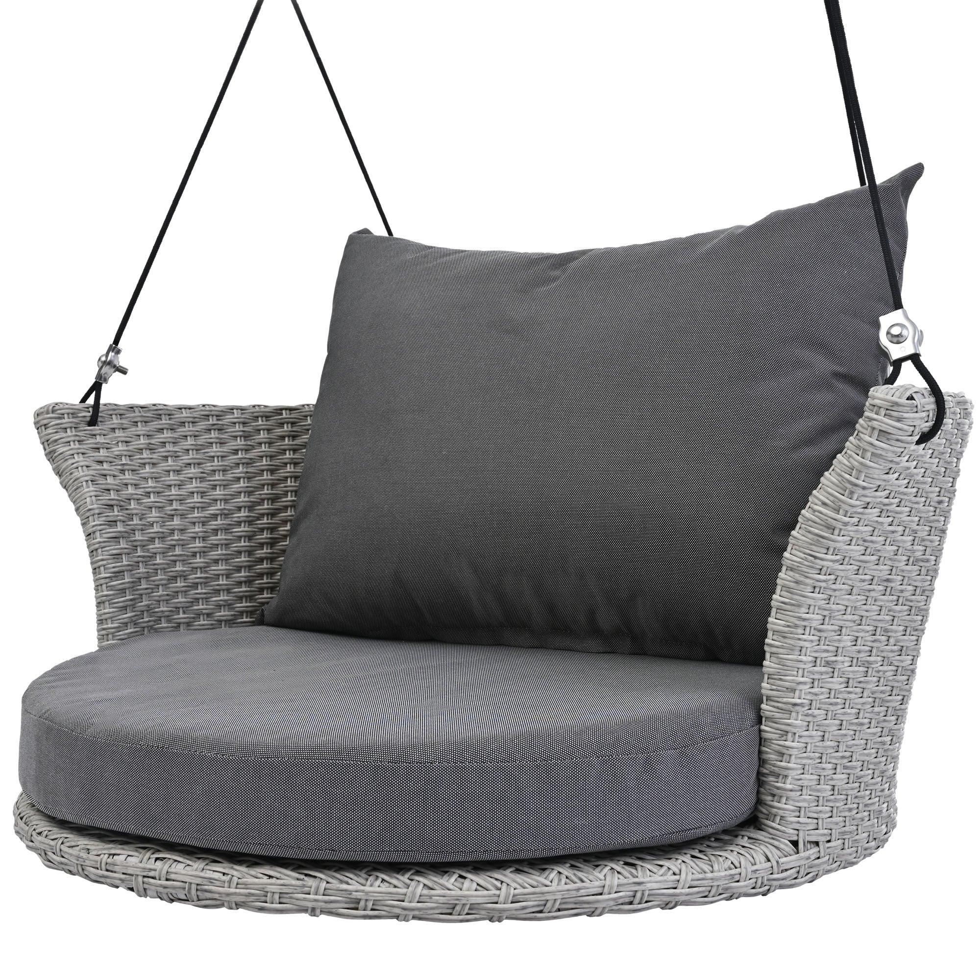 Single Person Rattan Woven Swing Hanging Seat With Ropes, Gray Wicker and Gray Cushion